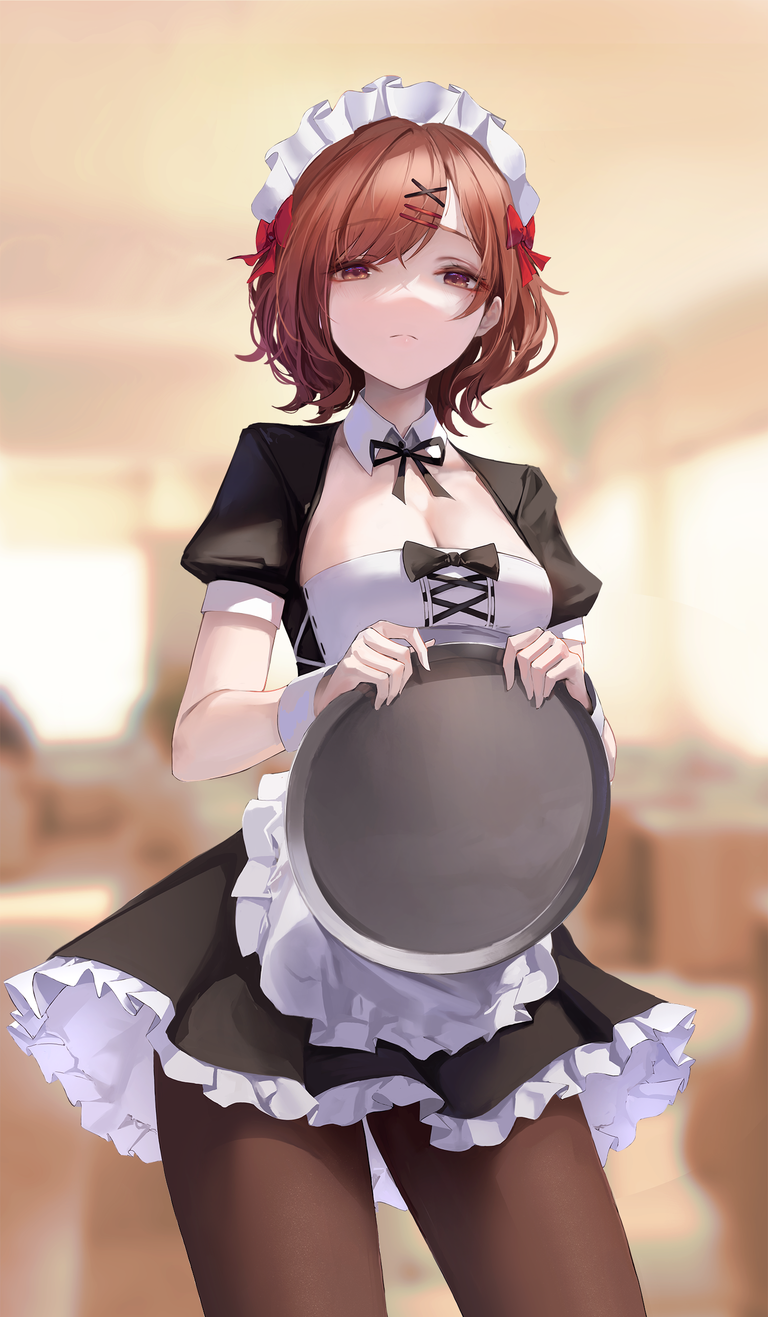 Anime Girls Maid Waitress Maid Outfit Red Ribbon Short Hair Brunette Brown Eyes Black Pantyhose Mole 1500x2572