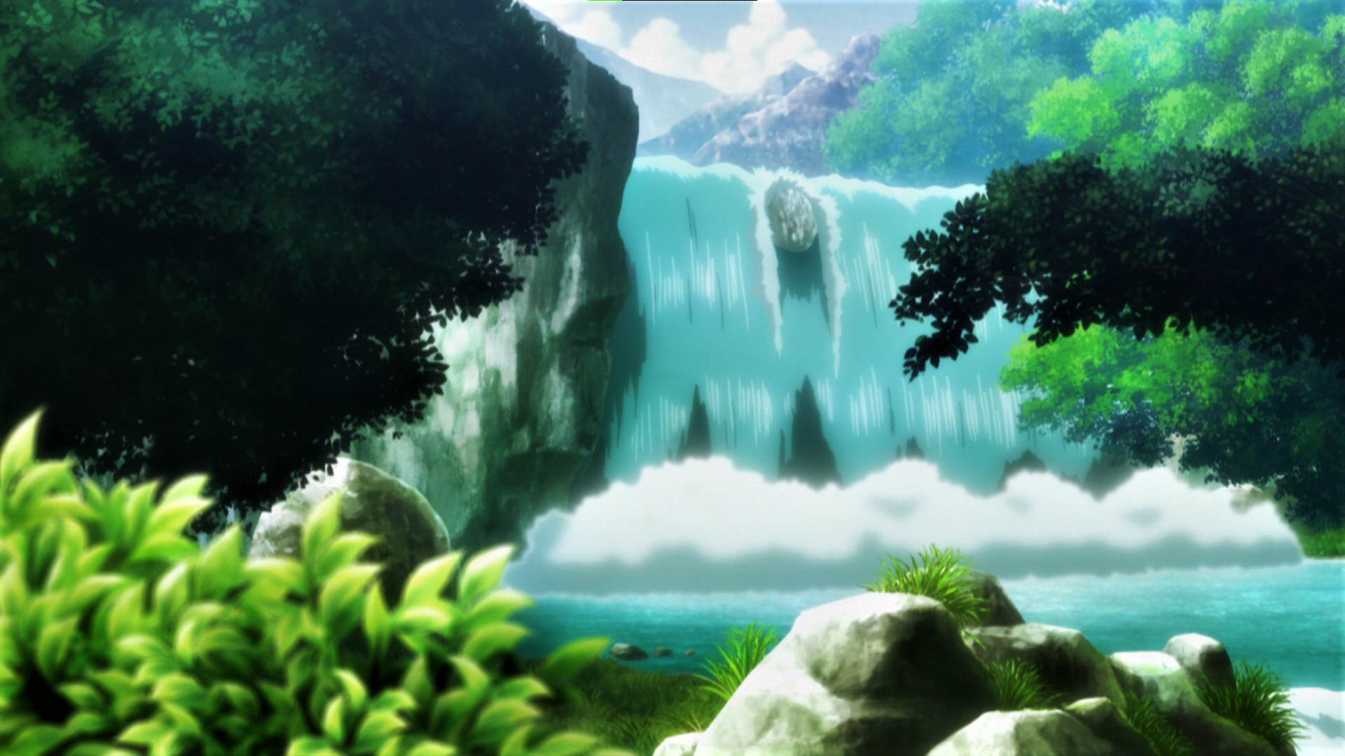 Hunter X Hunter Waterfall Trees Water Rocks Clouds Anime Anime Screenshot Leaves 1920x1080