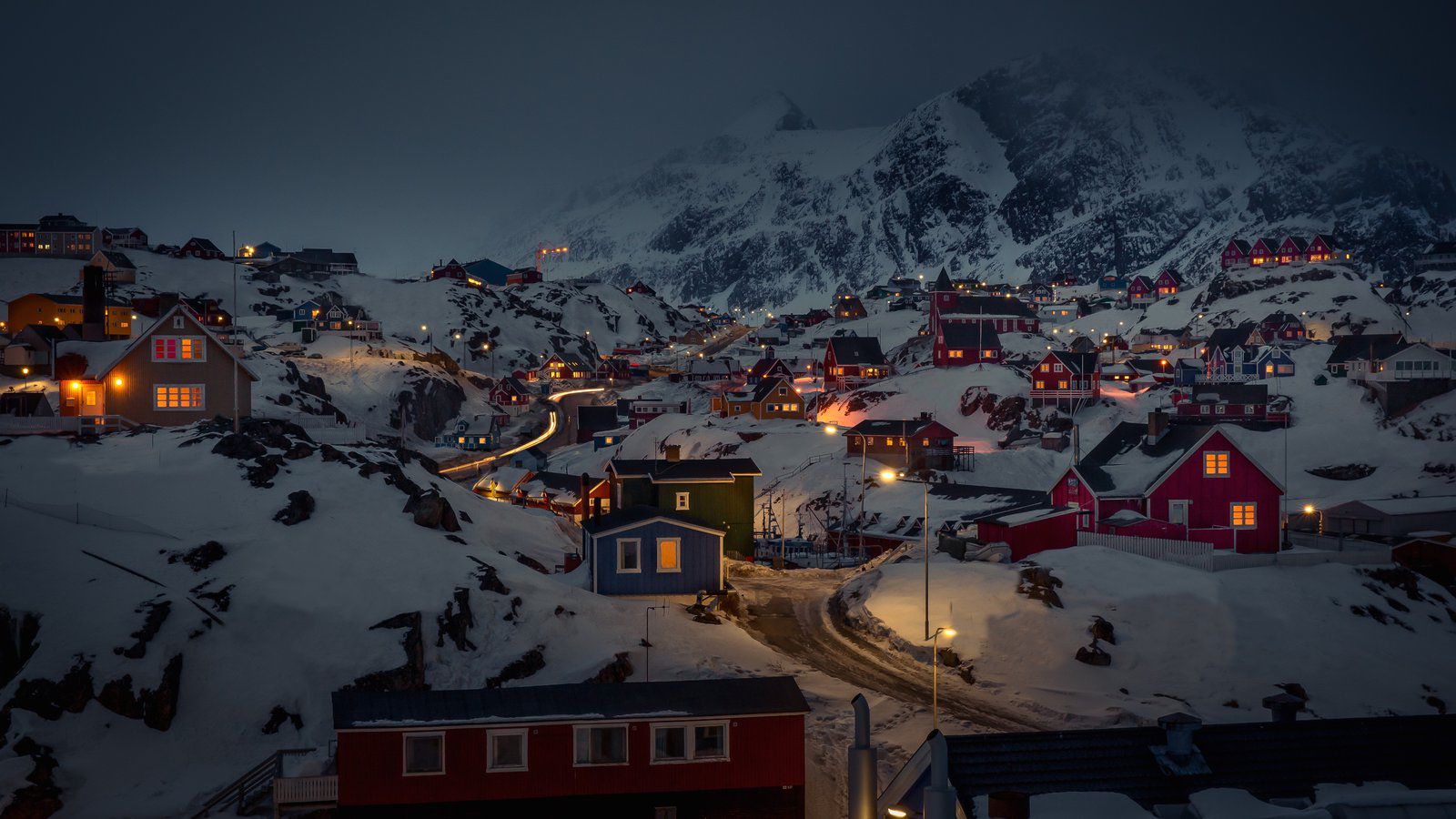Sisimiut Greenland Town Night Snow Mountains 1600x900