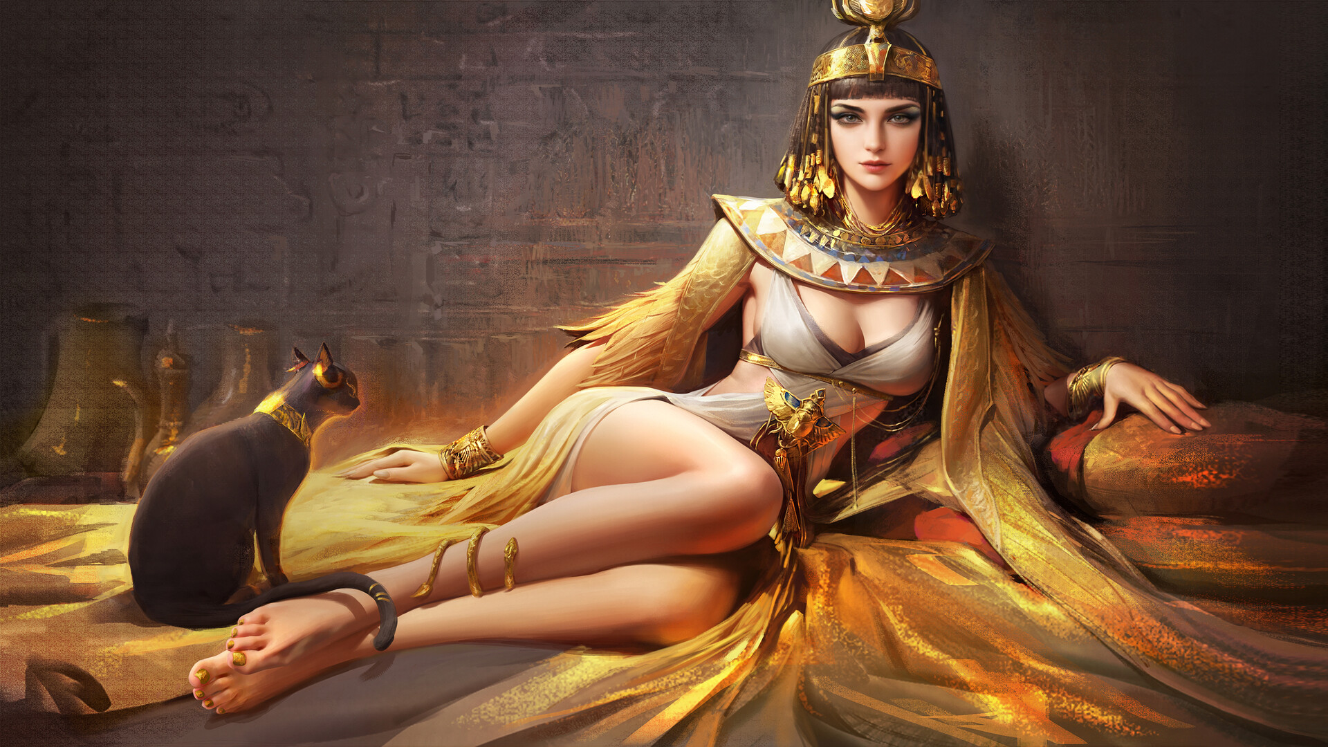 MuSi Drawing Women Egyptian Glamour Gold Cats Feathers Legs Cleopatra  Wallpaper - Resolution:1920x1080 - ID:1323893 