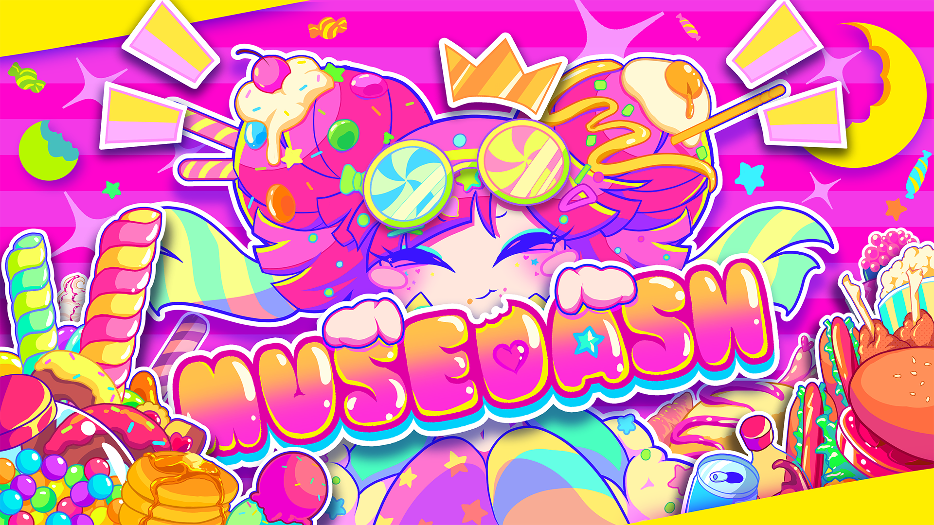 MuseDash Anime Girls Kawai Artist Music Colorful Food Closed Eyes Crown Sweets Candy 1920x1080