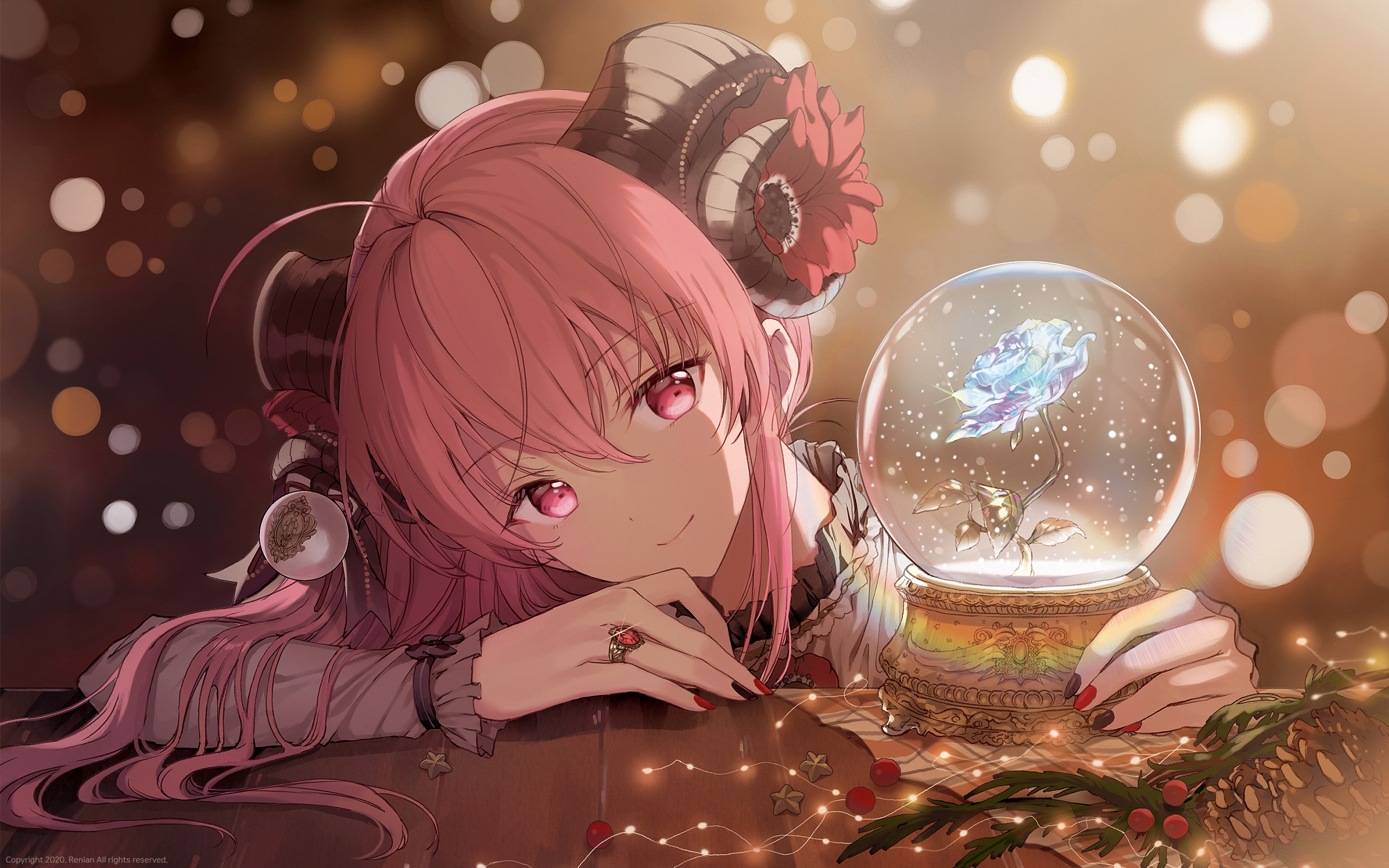 Snow Globe Pink Hair Anime Girls Horns Long Hair Watermarked Lights Rings Smiling Table Painted Nail 2560x1600