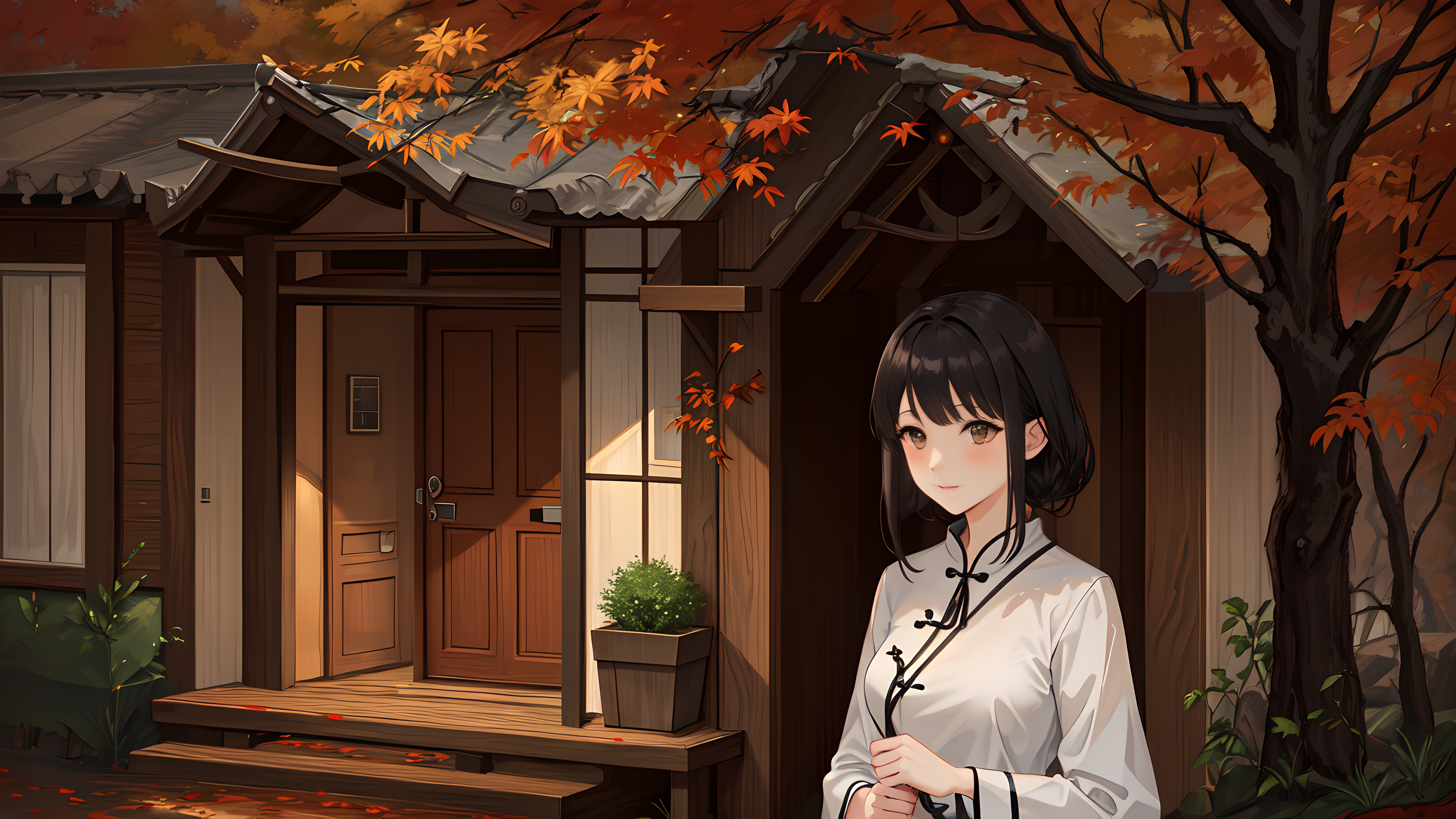 Ai Art Anime Girls Hanfu Maple Leaf House White Black Hair Leaves Looking Away 3840x2160