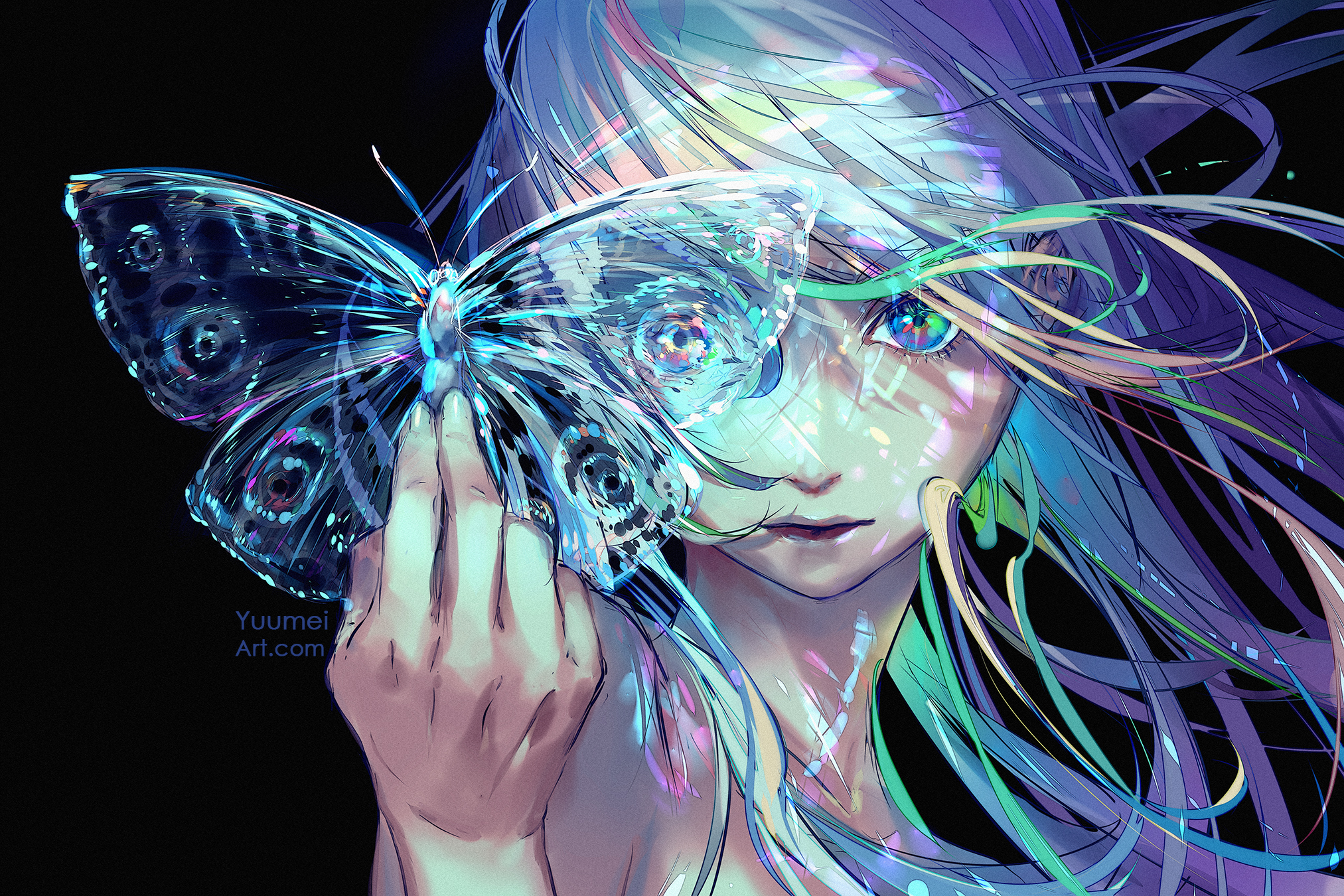 Original Characters Yuumei Black Background Multi Colored Eyes Butterfly Long Hair Gradient Hair Ani 2025x1350