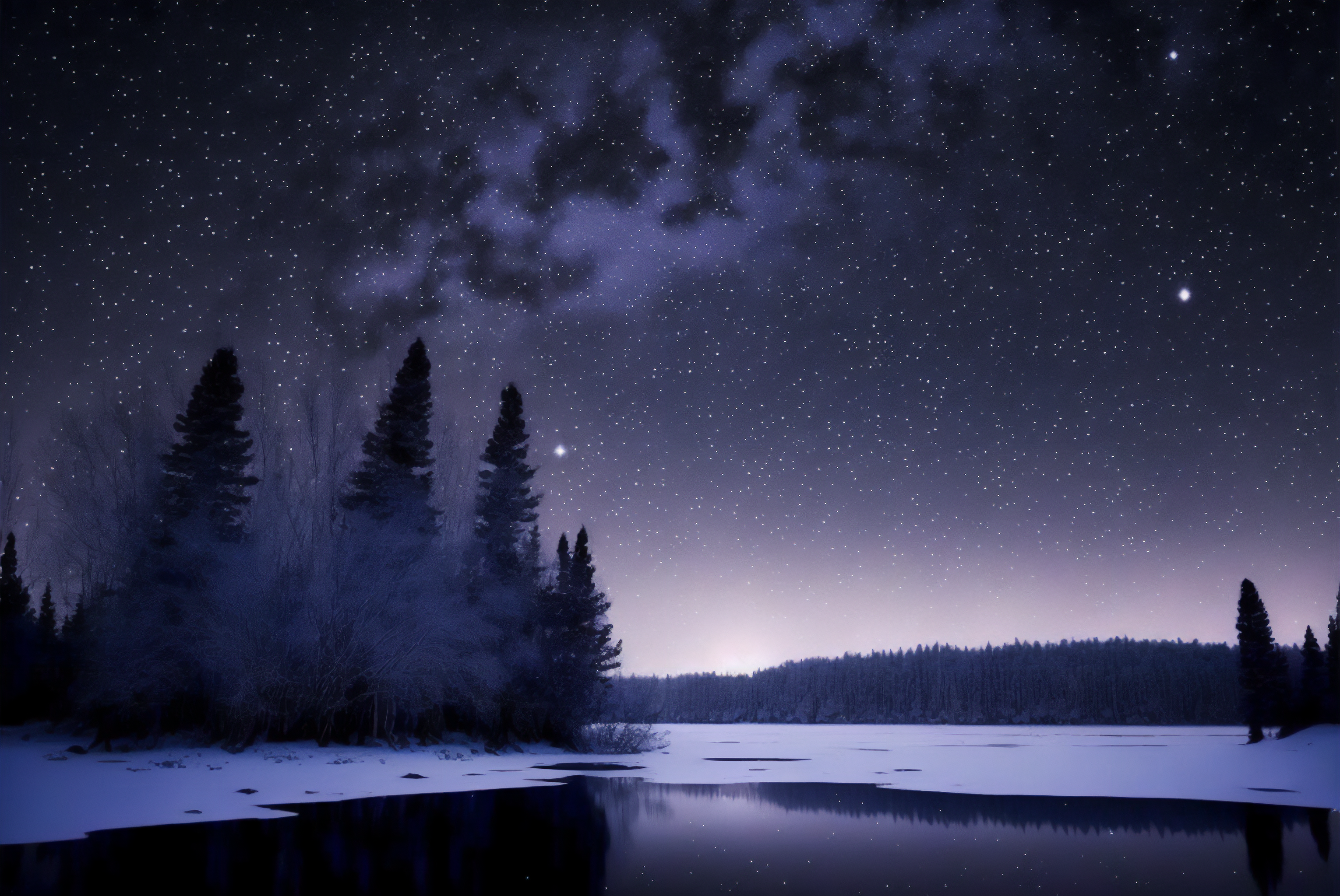 Ai Art Winter Snow Trees Night Sky Sky Starry Night Nature Reflection 3060x2048