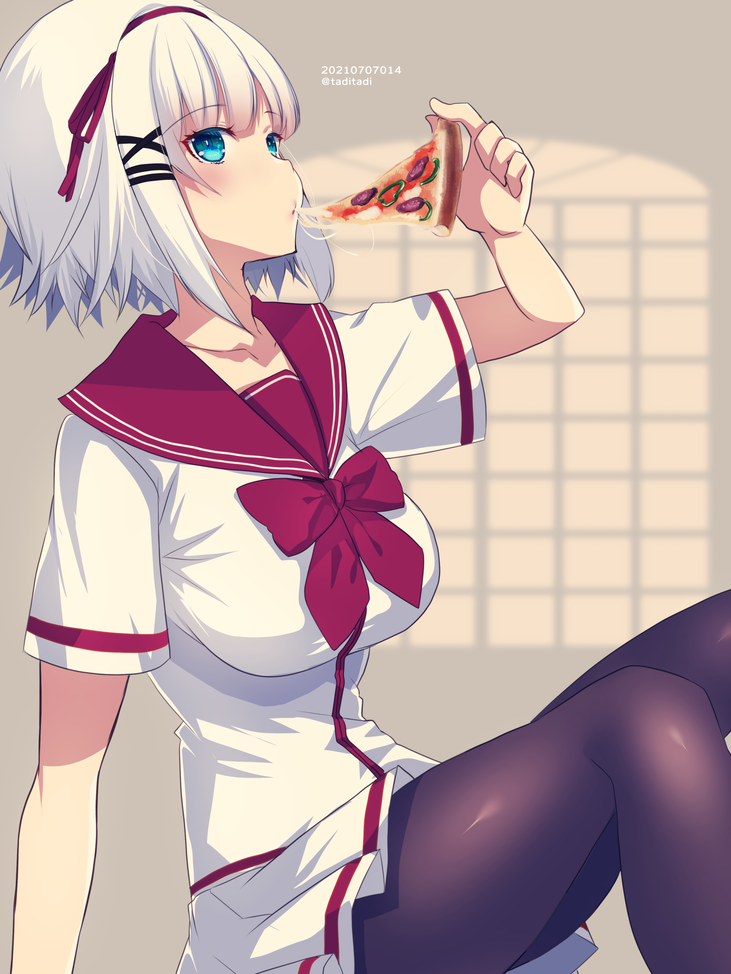 White Hair Siesta Short Hair Blue Eyes Tantei Wa Mou Shindeiru Pizza Uniform Red Bowknot Anime Anime 1500x2000