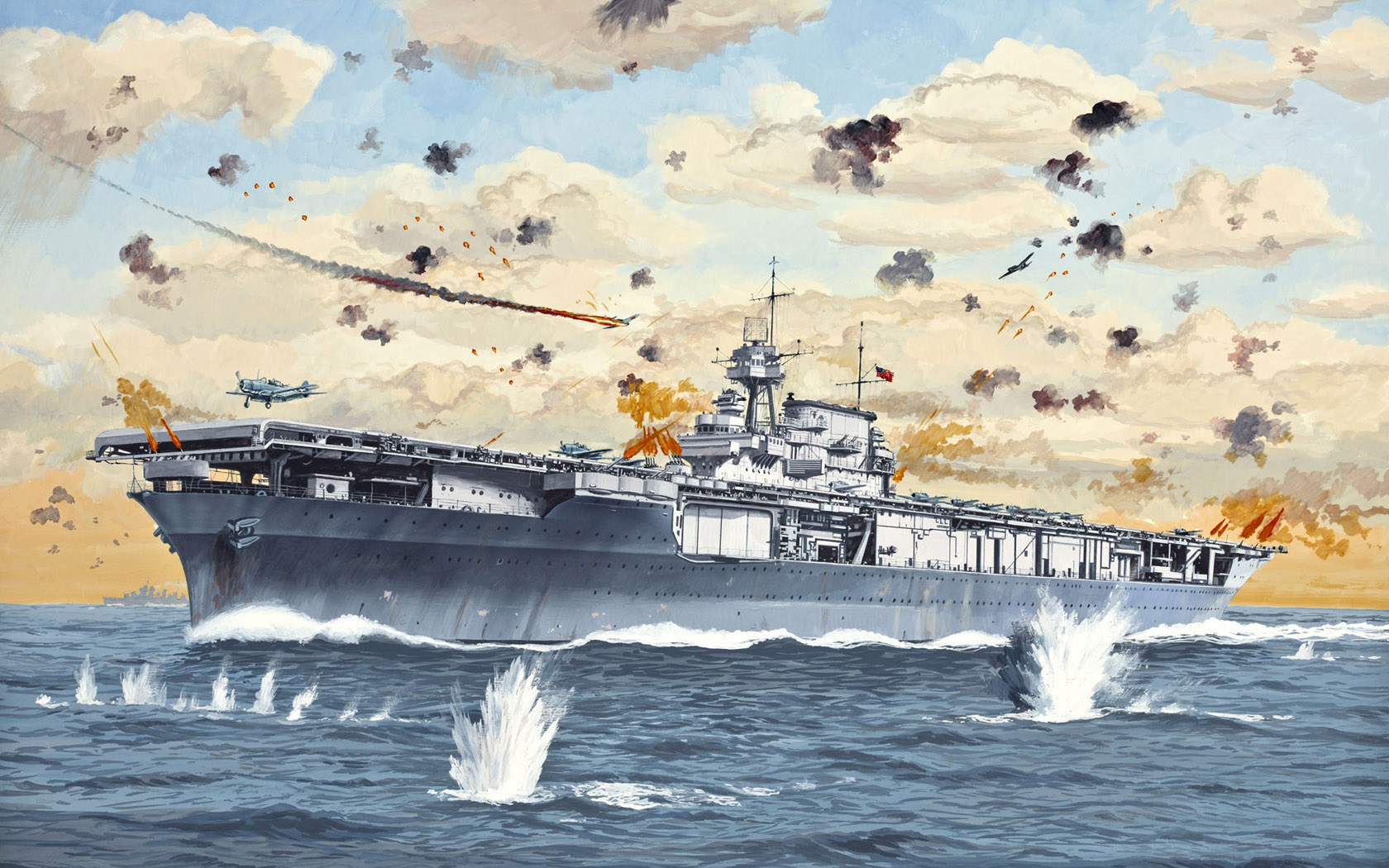 Warship Aircraft Flying Army Military Sea Water Waves Artwork Sky Clouds Flag American Flag 1680x1050
