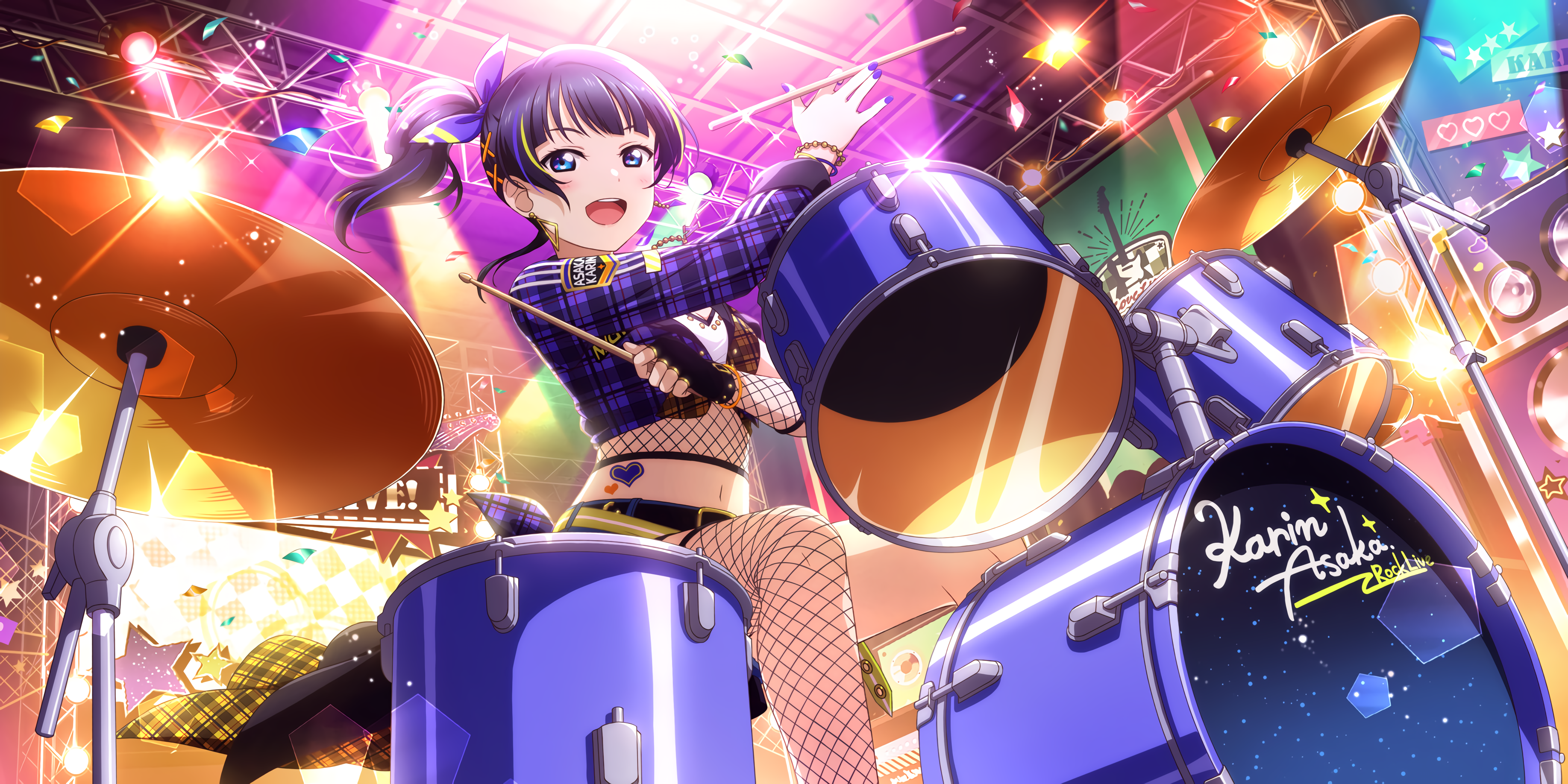 Asaka Karin Love Live Anime Anime Girls Drums Musical Instrument Blue Hair Blue Eyes Blushing Ponyta 3670x1836