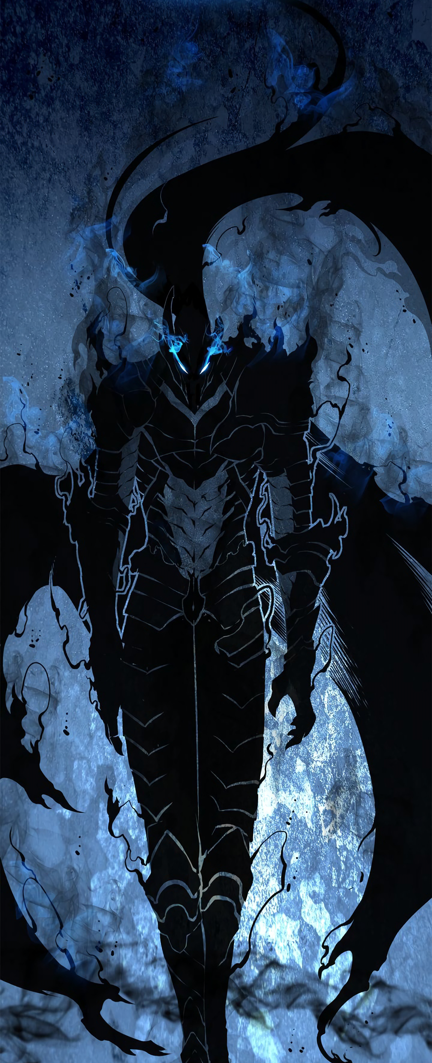 Solo Leveling Igris Looking At Viewer Knight Glowing Eyes Blue Warrior Webtoon Cape Armor 1440x3544