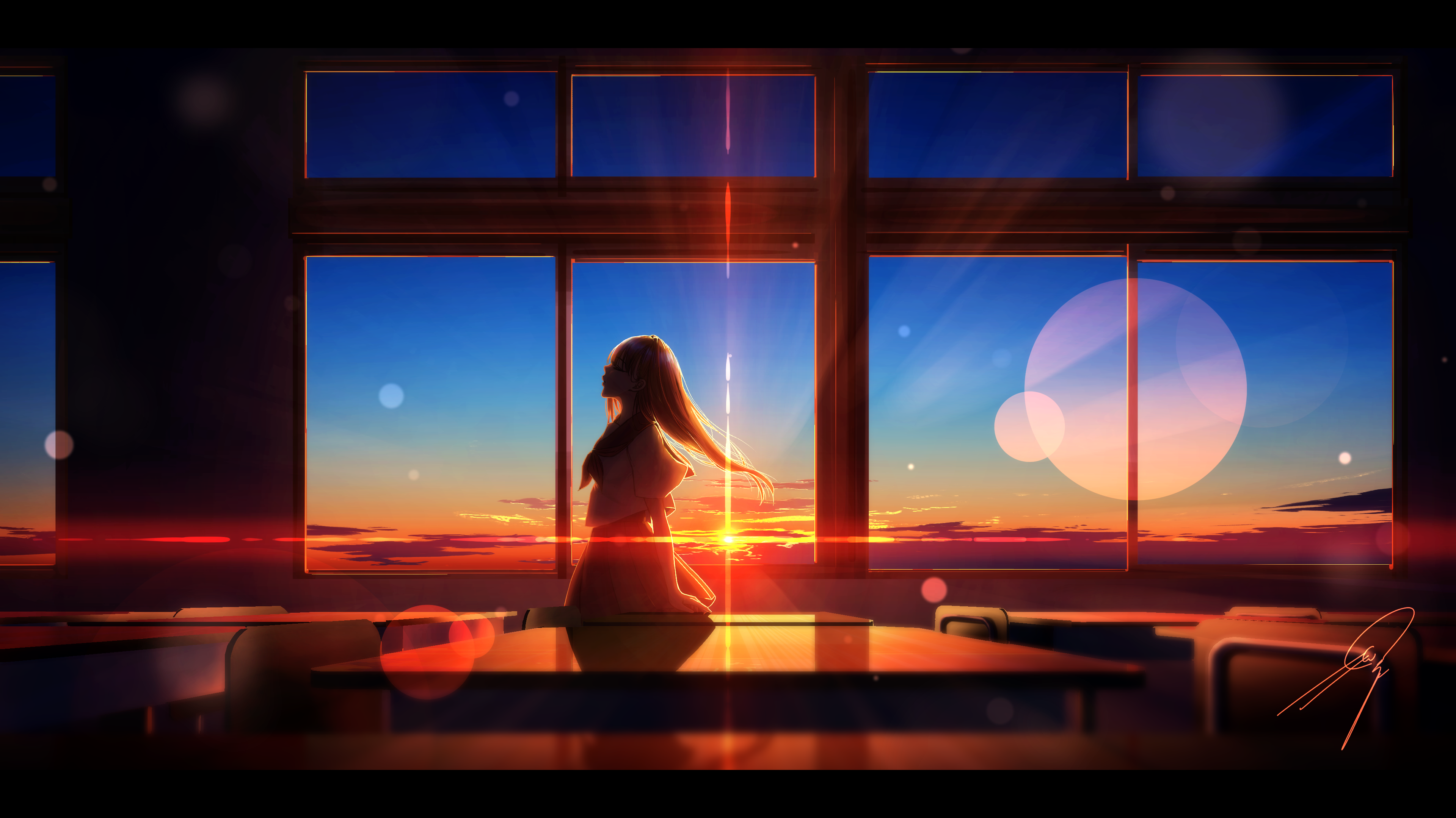 Nengoro Classroom Sunset Sunset Glow Anime Anime Girls Schoolgirl School Uniform Window 3840x2160