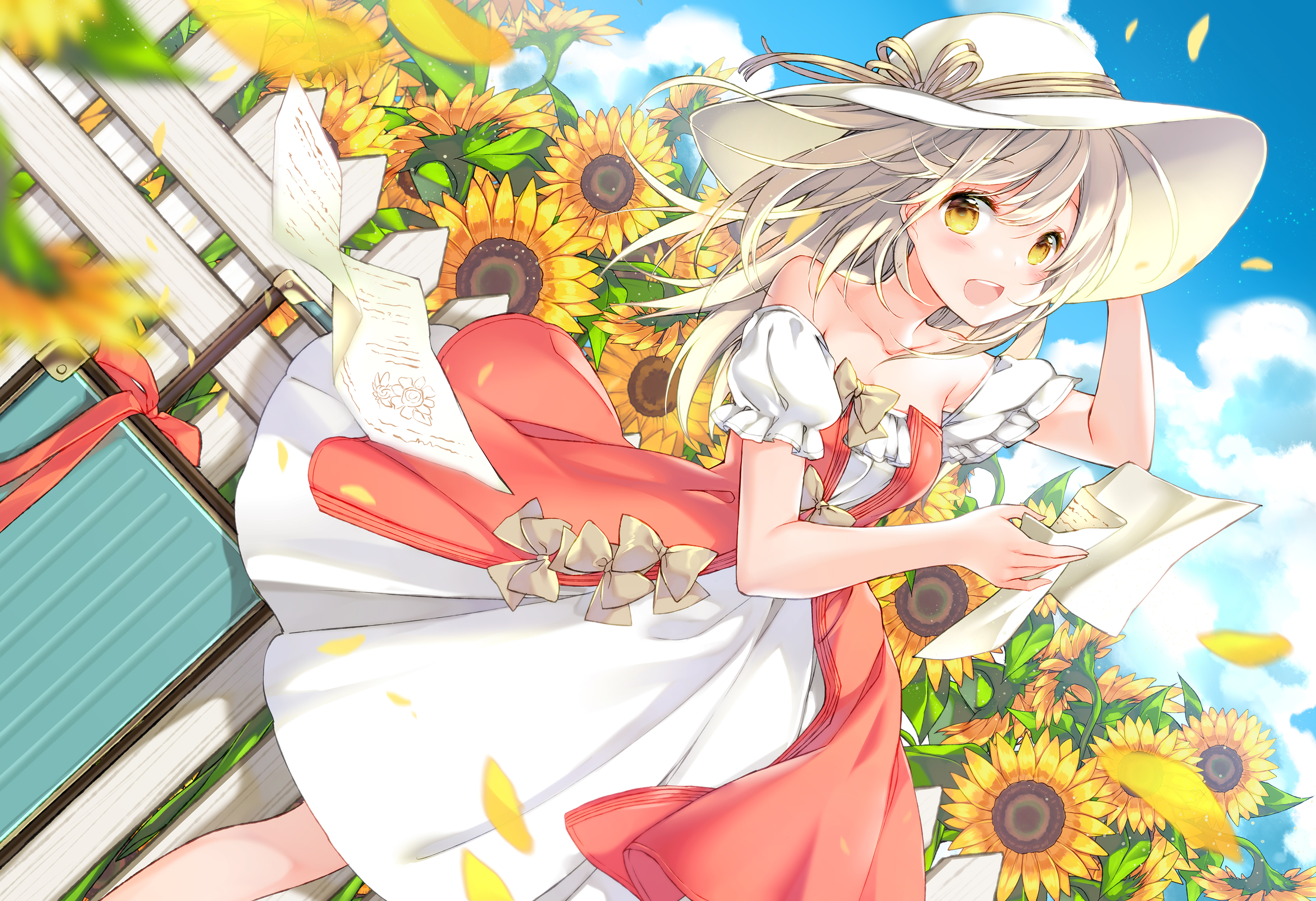 Anime Anime Girls Hat Blushing Flowers Petals Sky Clouds Standing Looking At Viewer Dress Blonde Yel 2920x2000