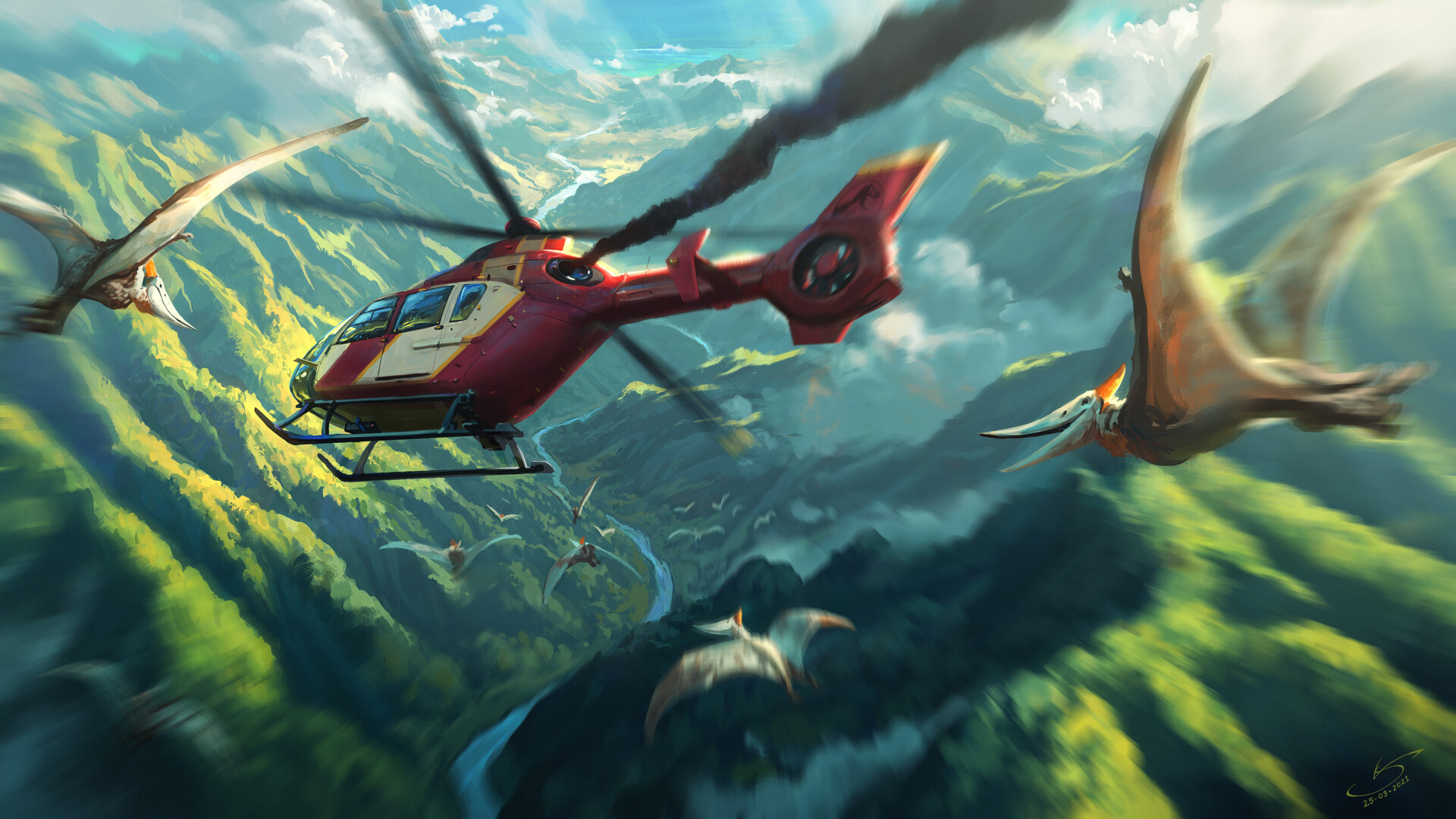 Helicopters Jurassic World Dinosaurs Pterodactyl River Valley Mountains Artwork 1920x1080