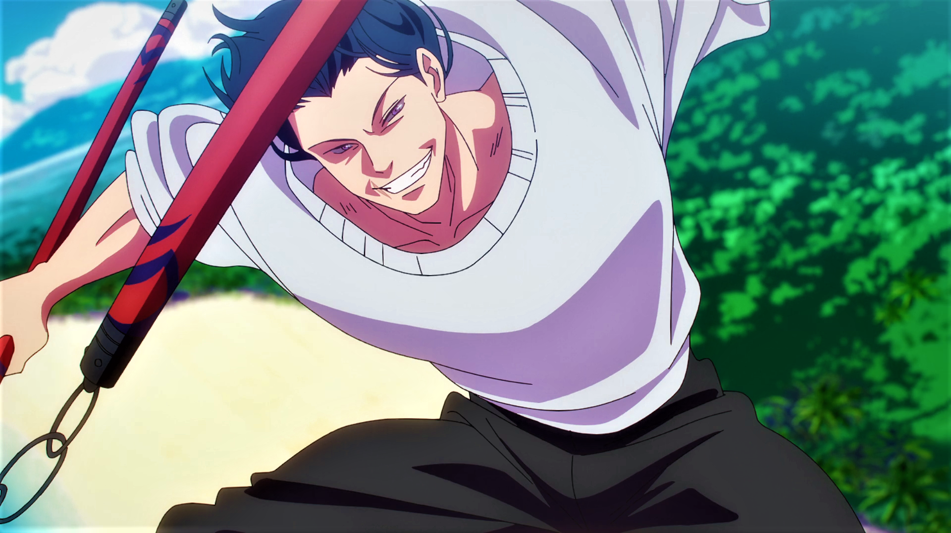 Jujutsu Kaisen Fushiguro Toji Sweater Nunchucks Hair Blowing In The Wind Smiling Scars Muscles Anime 1920x1076