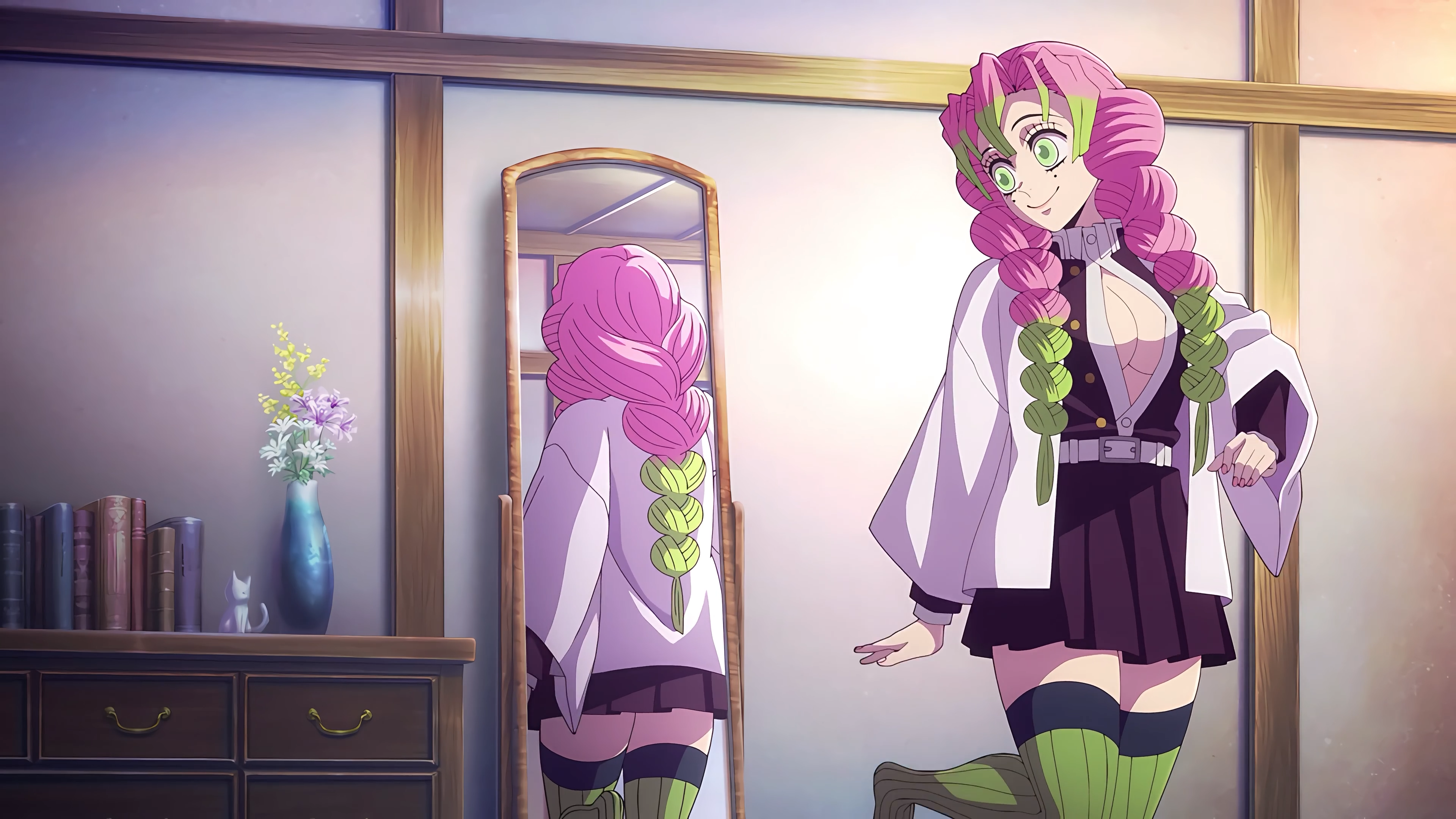 Kimetsu No Yaiba Mitsuri Kanroji Anime Girls Mirror Reflection Two Tone Hair Smiling Braided Hair Br 3840x2160