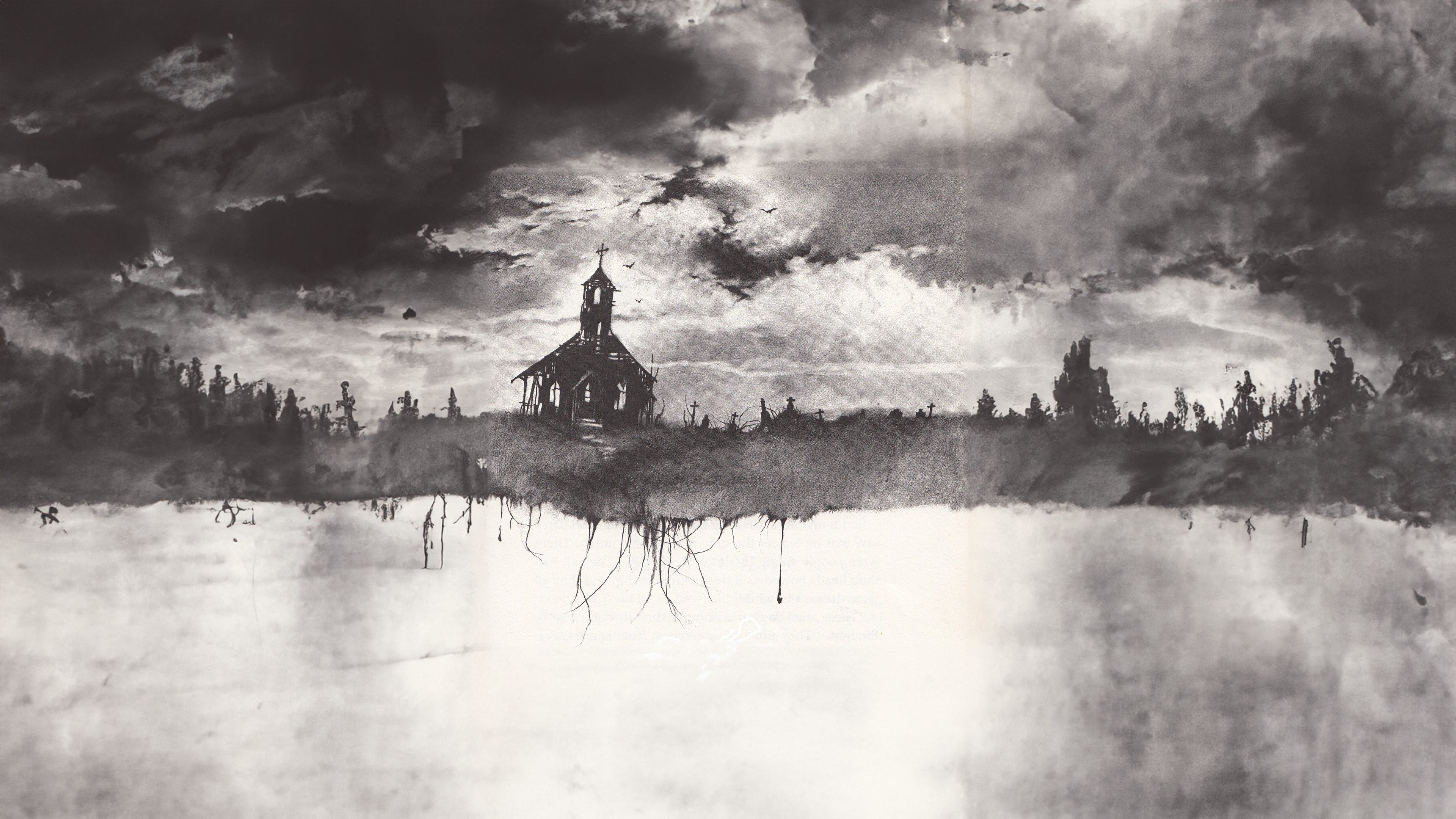 Scary Stories To Tell In The Dark Horror Book Cover Church Monochrome Grave Trees Clouds Building 3840x2160
