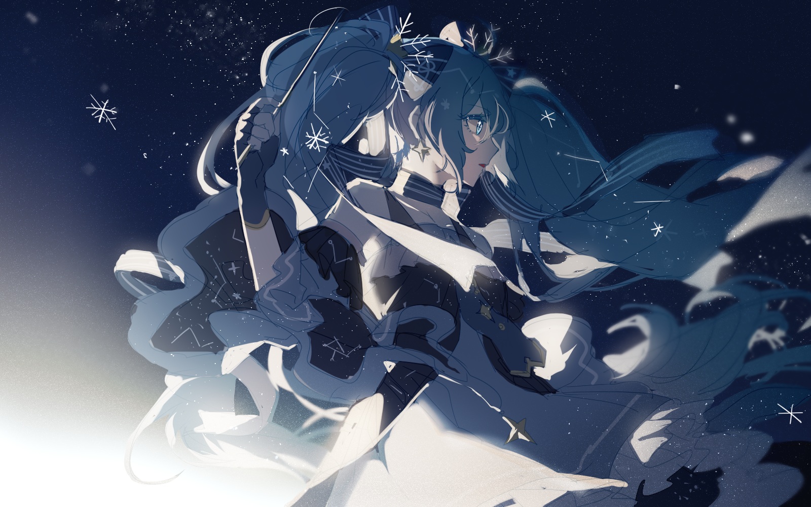 Anime Anime Girls Hatsune Miku Vocaloid Long Hair Looking Away Snowflakes Twintails Blue Hair Blue E 1600x1000