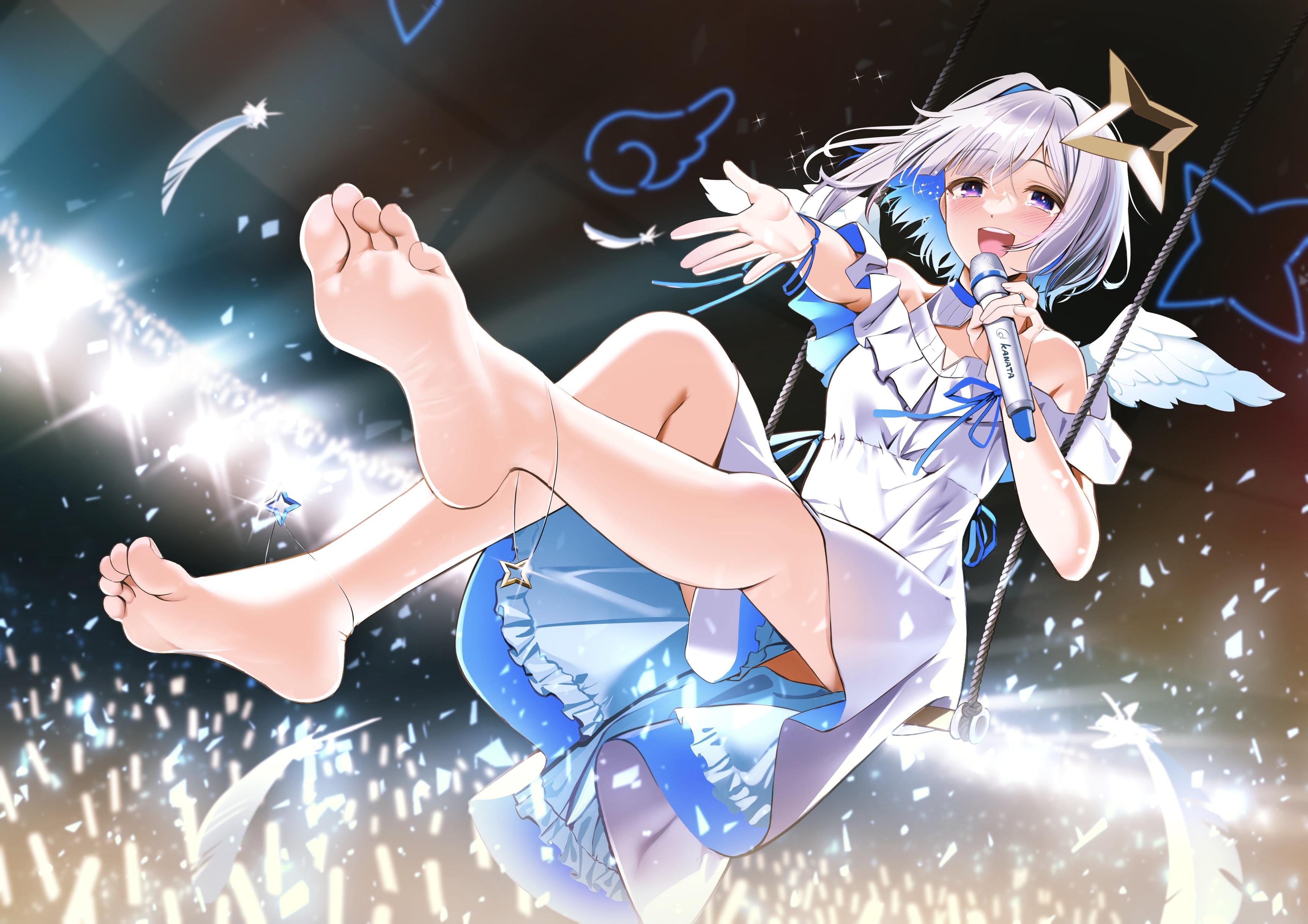 Anime Anime Girls Microphone Wings Feathers Tears Feet Foot Sole Amane Kanata Hololive Virtual Youtu 3446x2437