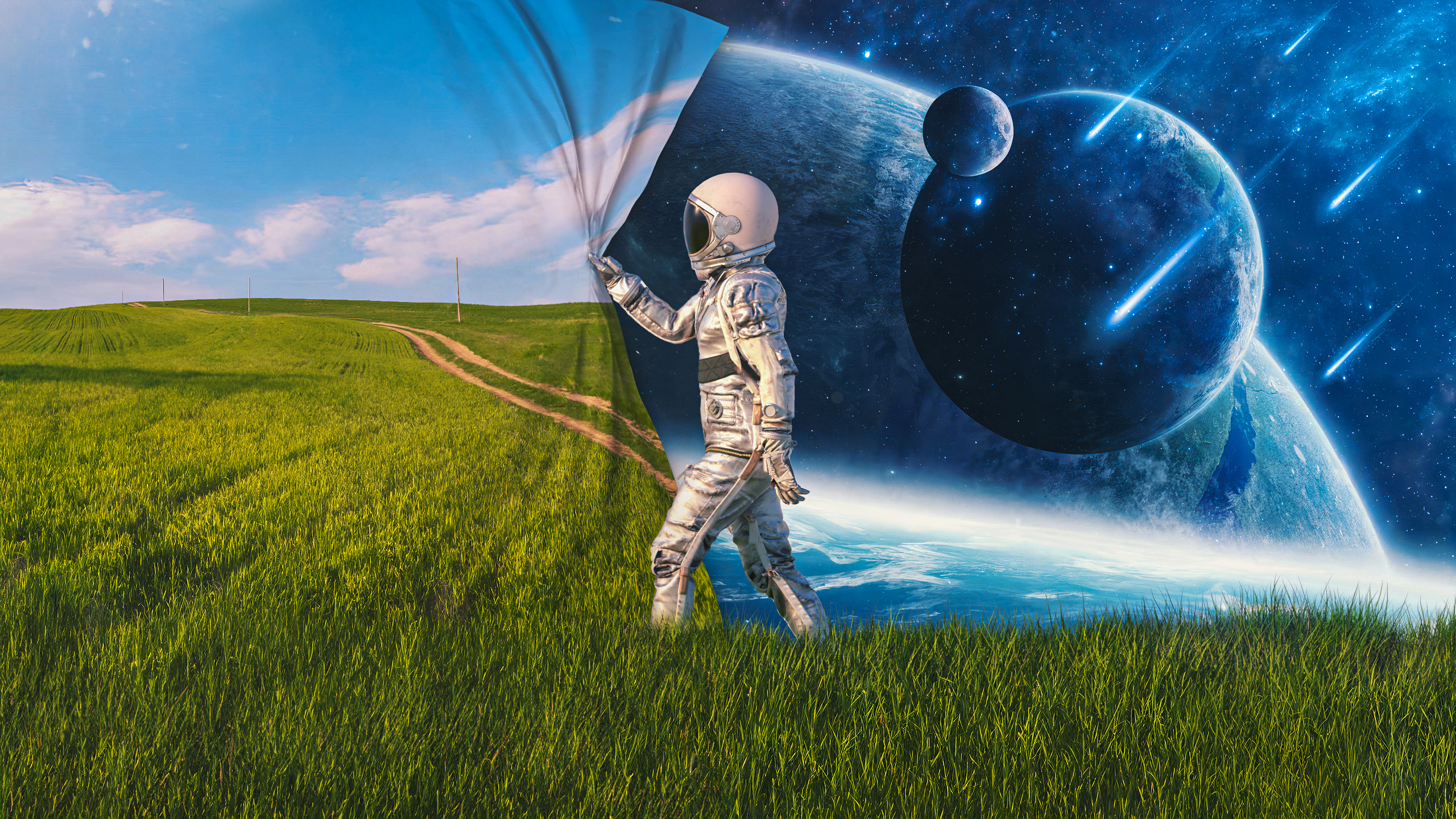 Digital Art Artwork Astronaut Helmet Spacesuit Curtains Field Grass Planet Humor Dirt Road Landscape 2560x1440
