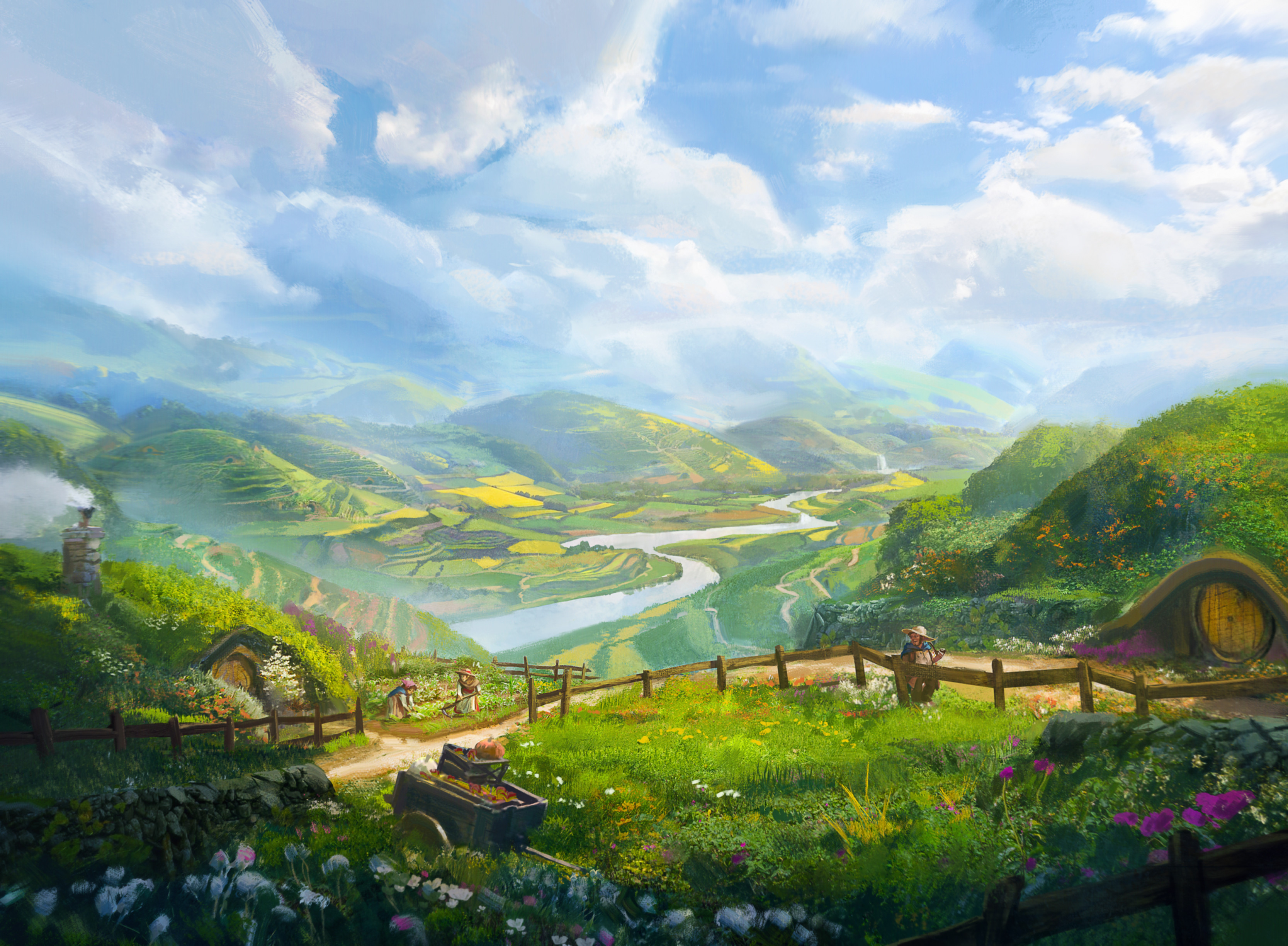 Artwork Digital Art River Nature Mountains The Shire The Lord Of The Rings Clouds Hobbits Sky Landsc 3334x2449