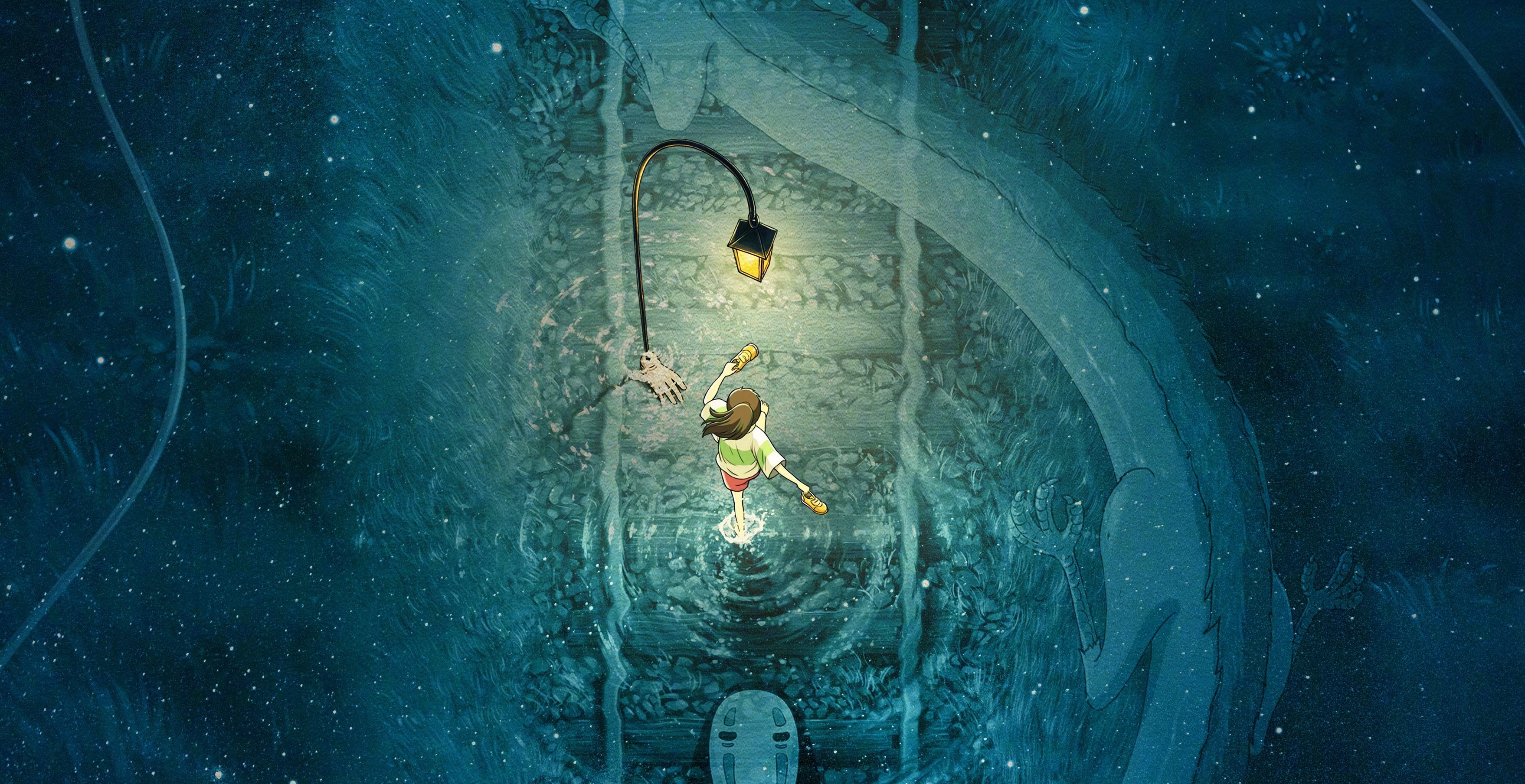 Hayao Miyazaki Running Spirited Away Anime Girls Top View Water Lights Creature Reflection Stars Pon 3516x1808