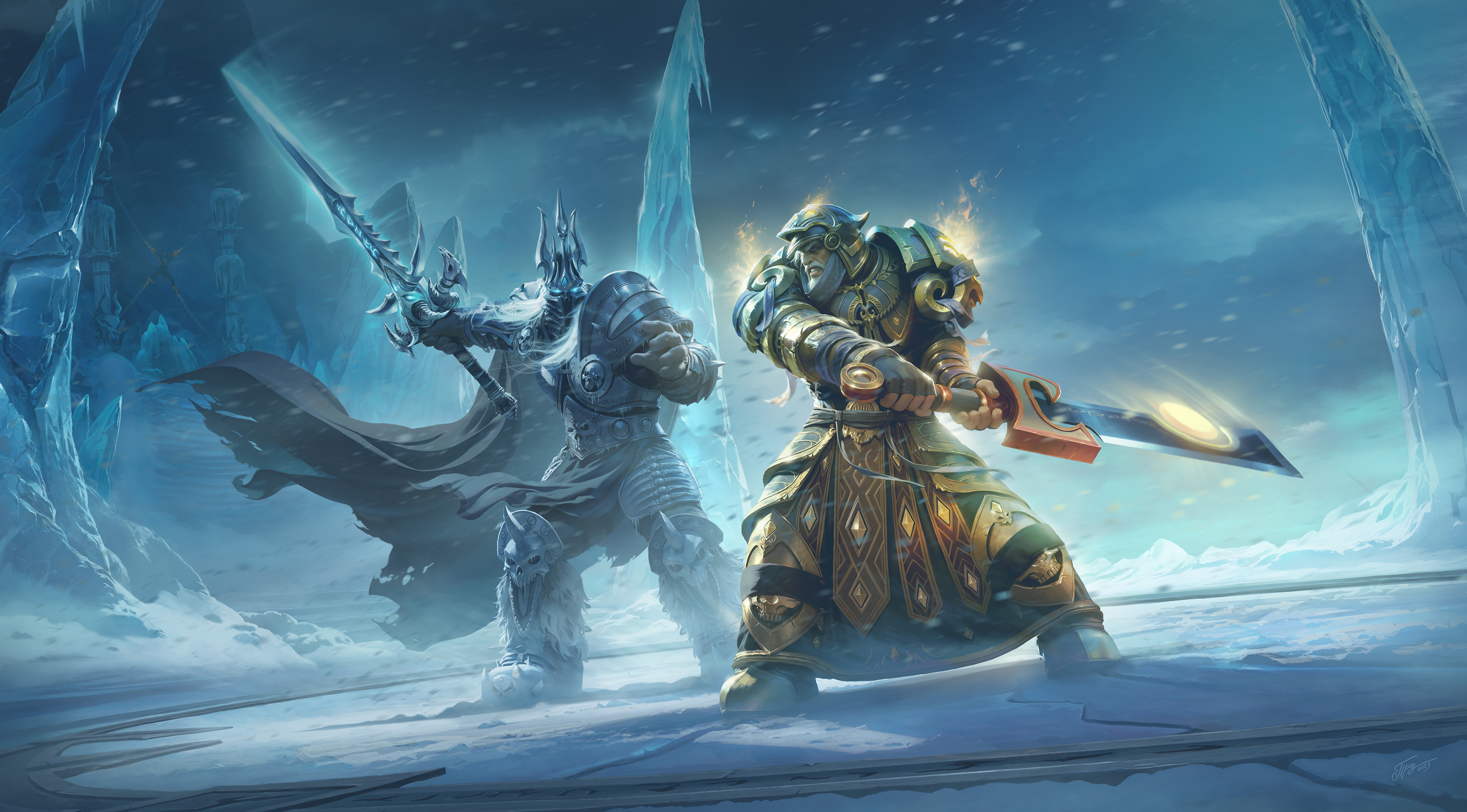 Dmitry Prozorov Drawing Warcraft The Lich King Tirion Fordring Fighting 4285x2372