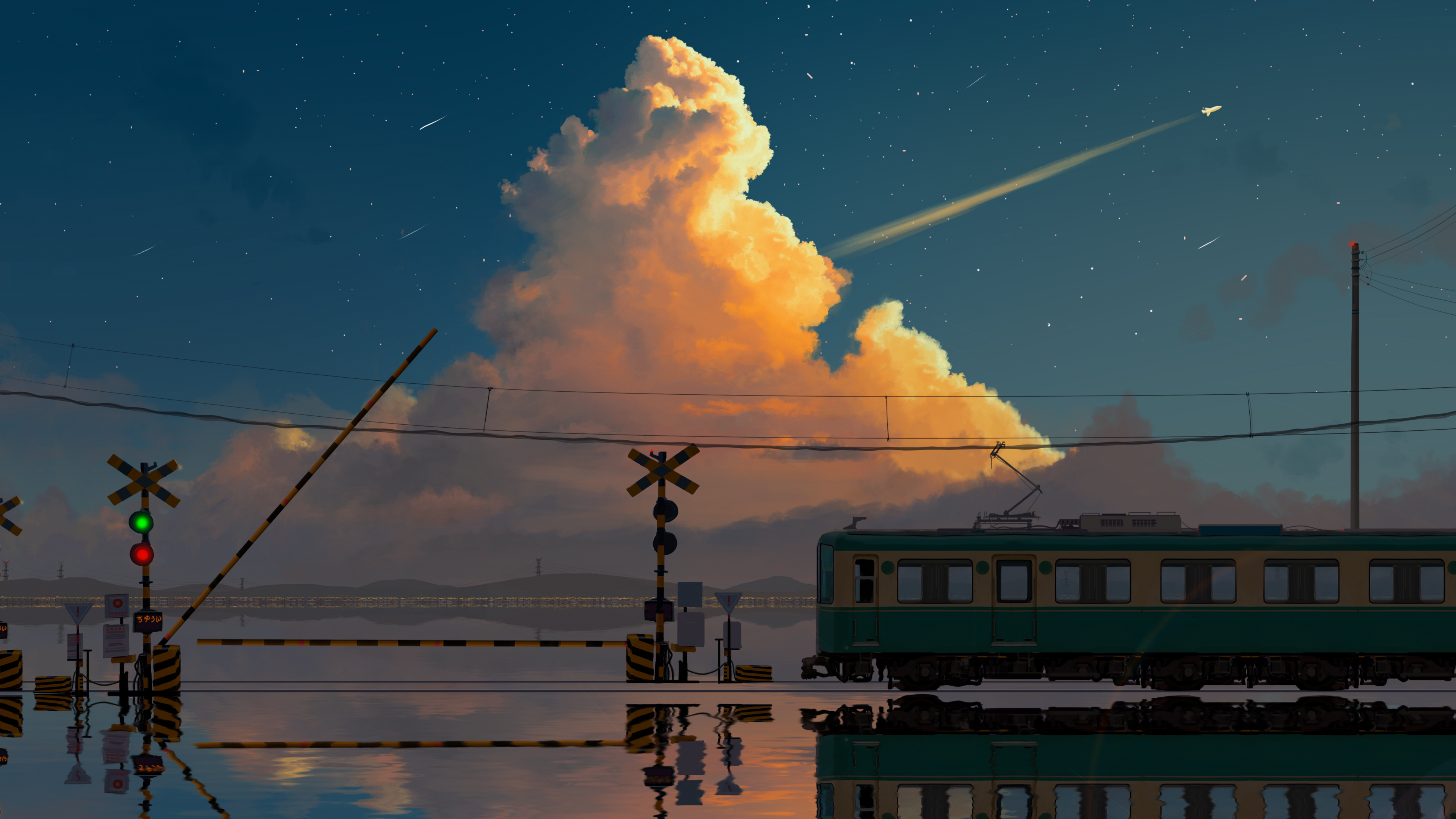 Yu Jing Illustration Clouds Train Lake Airplane Sky Reflection Stars Starred Sky Anime Sky Shooting  3840x2160