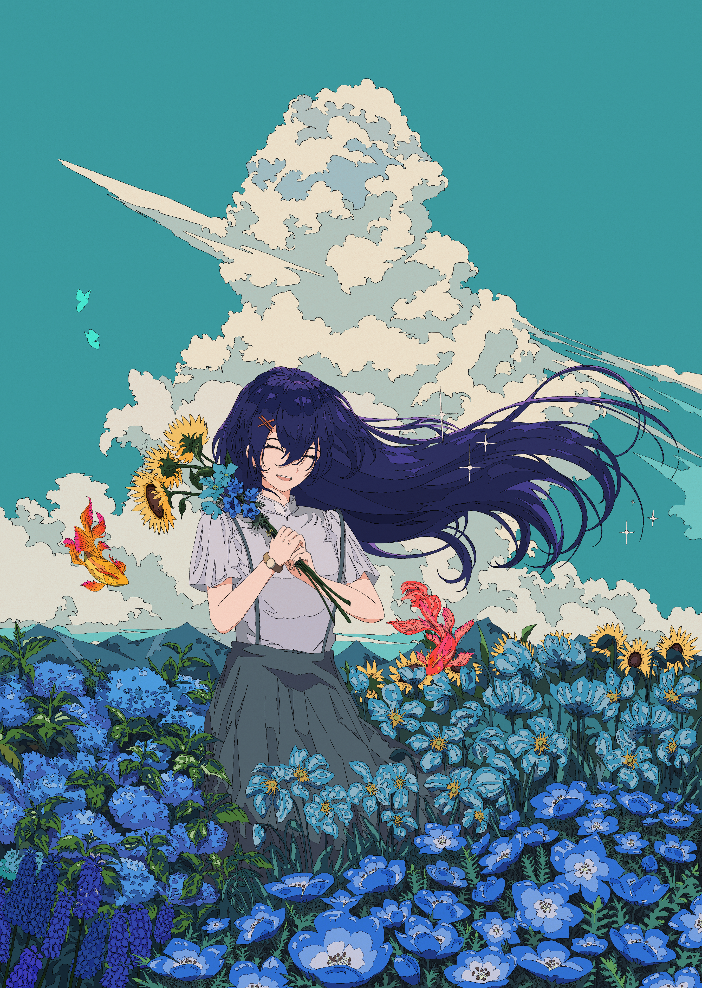 Umijin Anime Digital Art Artwork Illustration Environment Landscape Anime Girls Women Long Hair Blue 2700x3800
