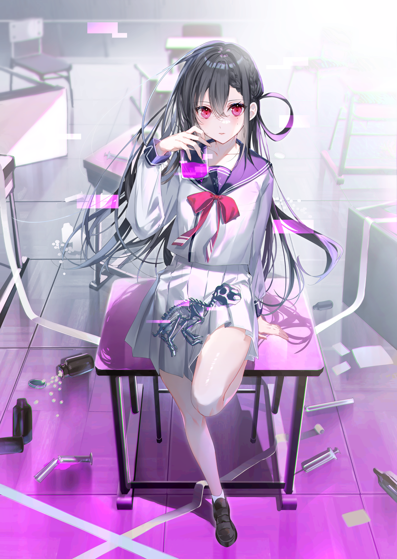 Pixiv Miwano Ragu Anime Anime Girls Portrait Display Sitting Schoolgirl School Uniform Bow Tie Looki 1350x1902