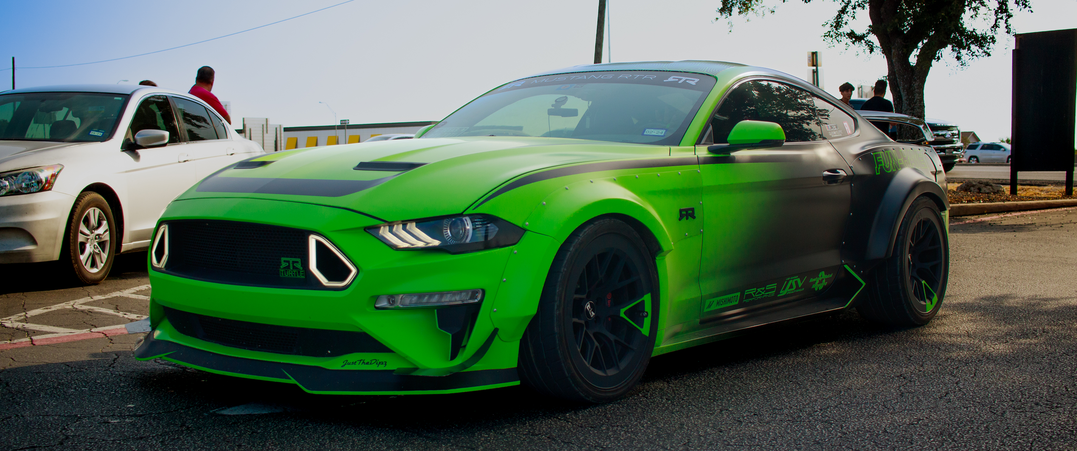 Car Ford Mustang Widebody Ford Mustang RTR Sunlight Front Angle View Gradient Vehicle Trees 3440x1440