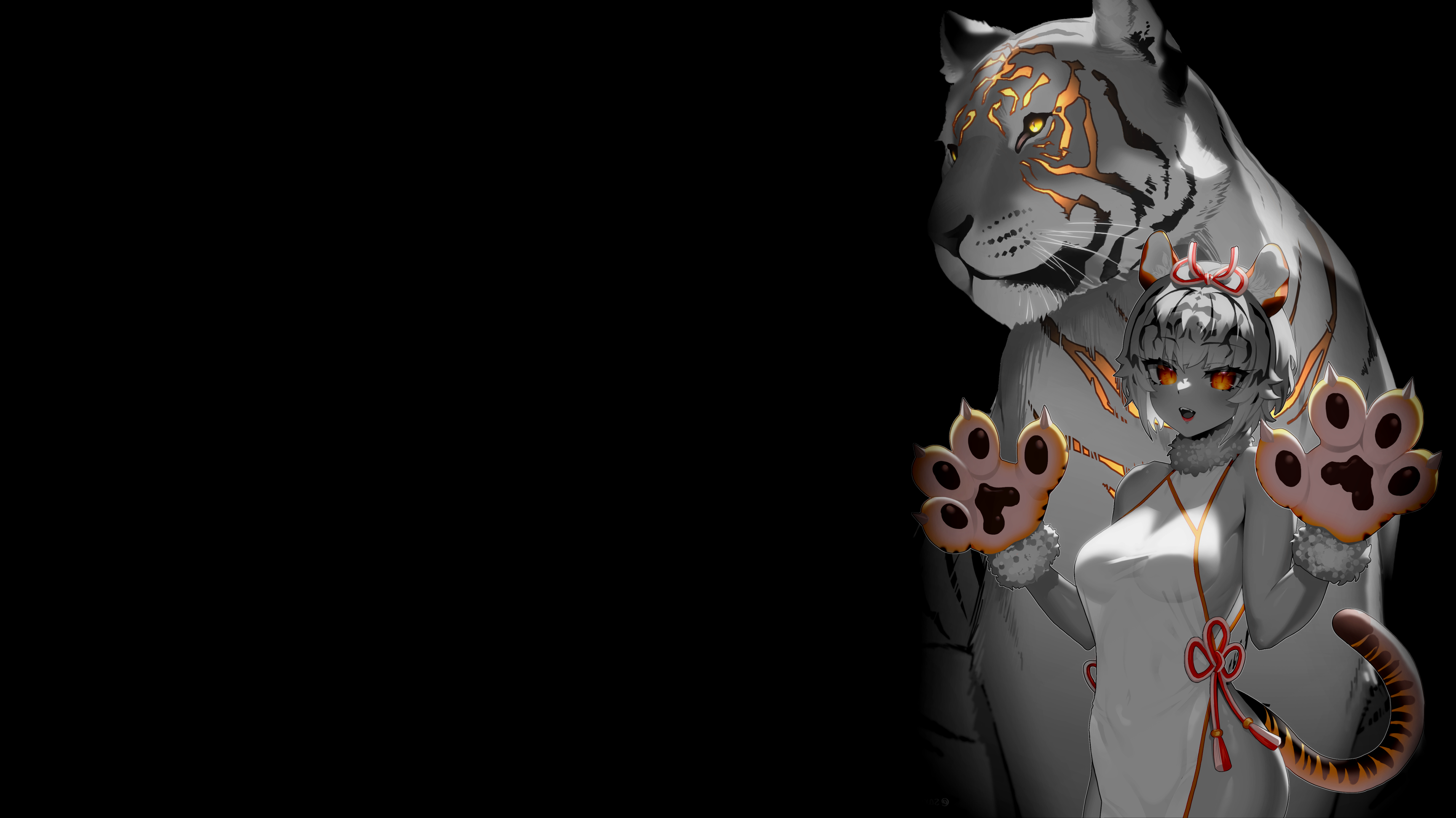 Selective Coloring Black Background Dark Background Simple Background Anime Girls Tiger Paws Animal  3823x2150