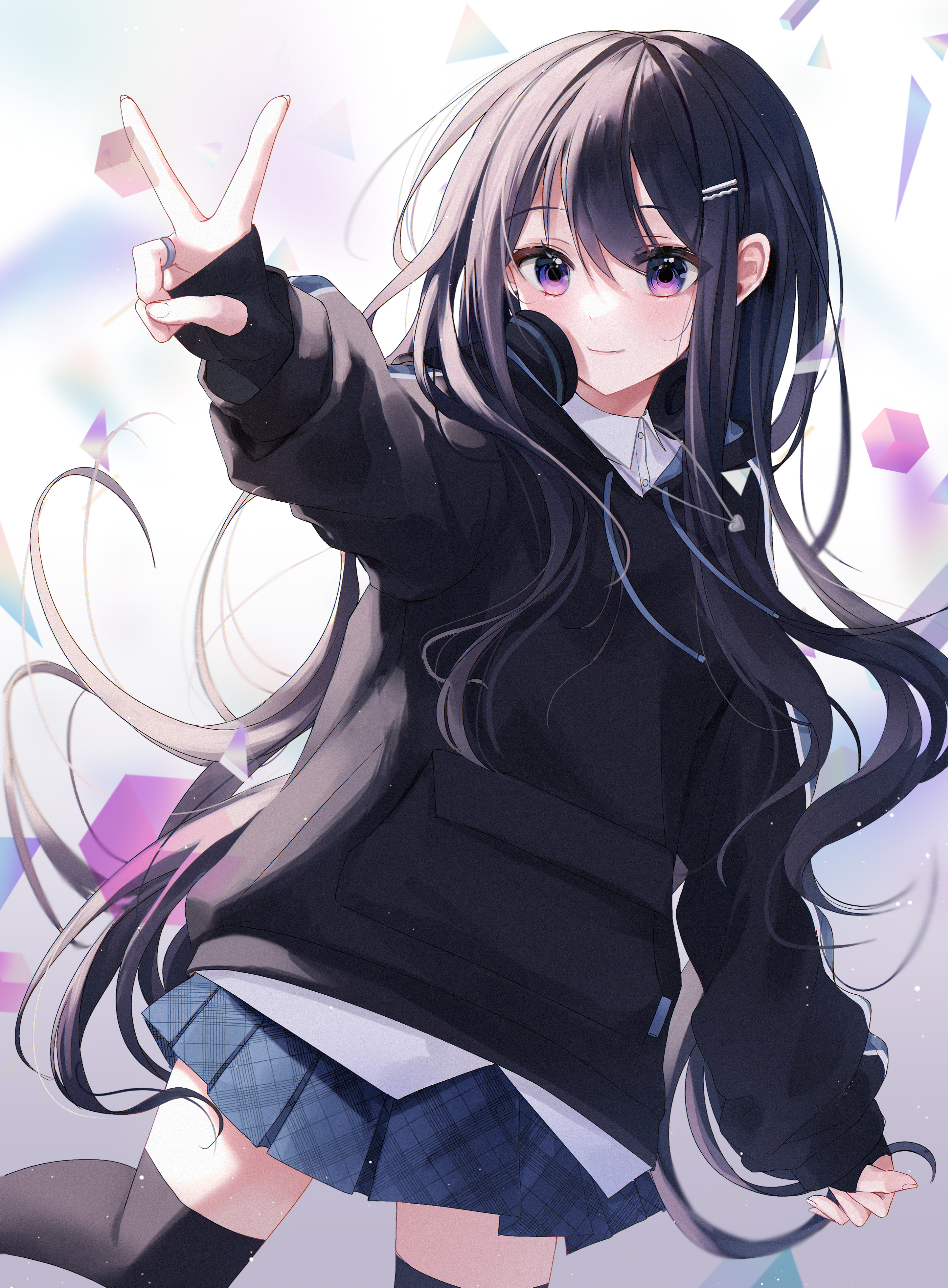 Anime Black Hair Anime Girls Peace Sign Schoolgirl School Uniform Cube  Purple Eyes Headphones Wallpaper - Resolution:2945x4000 - ID:1354979 -  