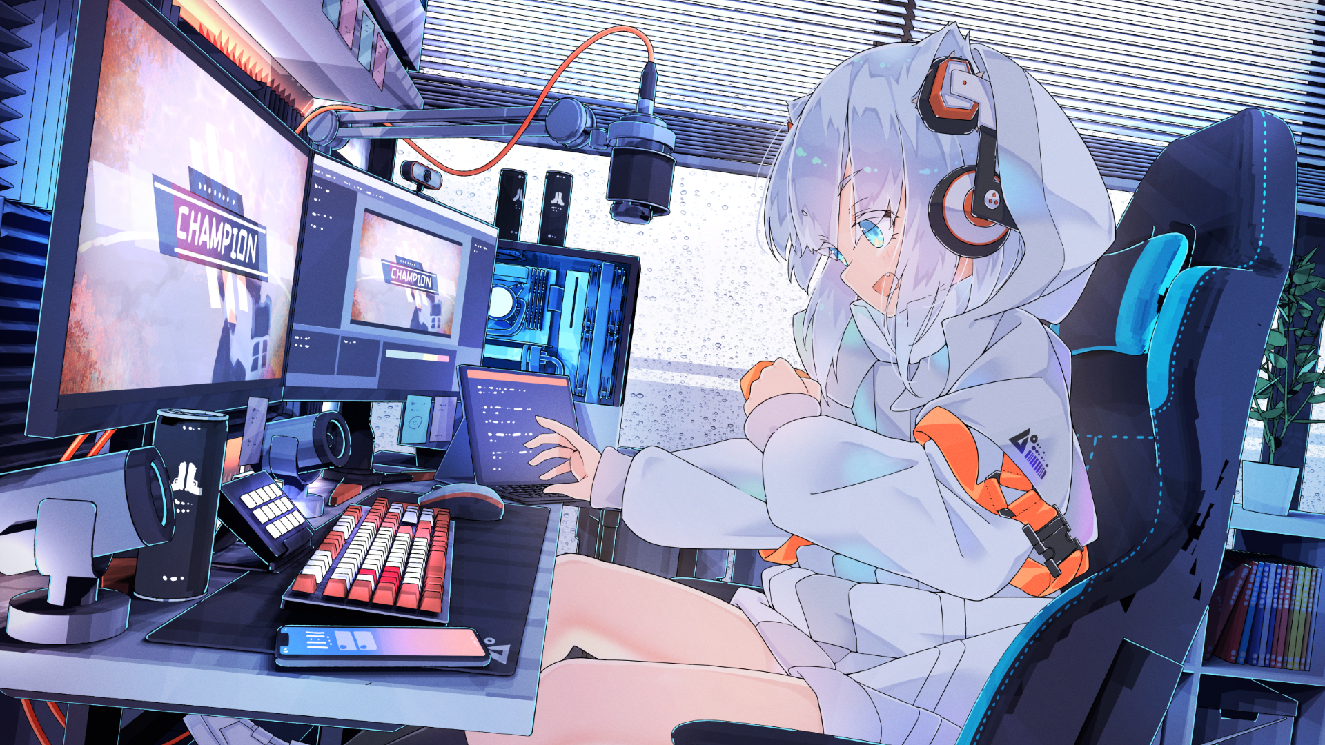 Silver Hair Anime Girls Anime Eyes Headsets Playing PC Gaming Computer Phone 1920x1080