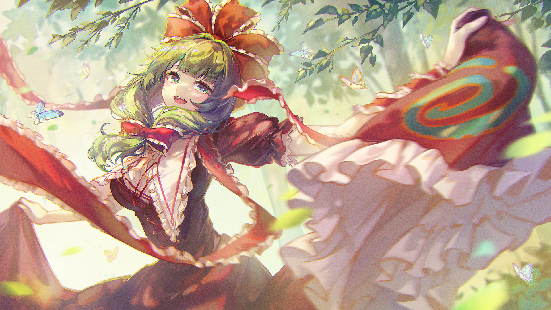 Anime Anime Girls Dress Butterfly Leaves Branch Trees Looking At Viewer Green Hair Green Eyes Touhou 1920x1080