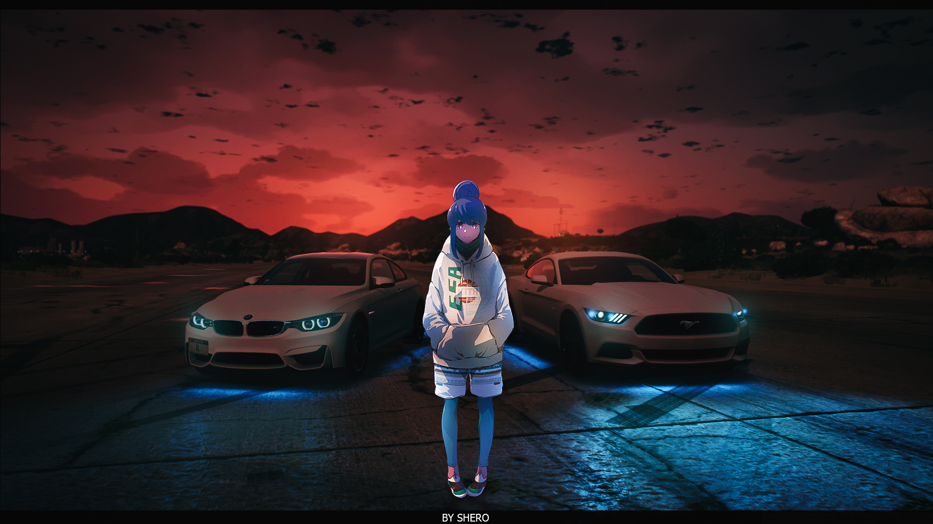 Anime Street Art BMW Anime Girls Japan Car Headlights Mountains Hands In Pockets Front Angle View 1920x1080
