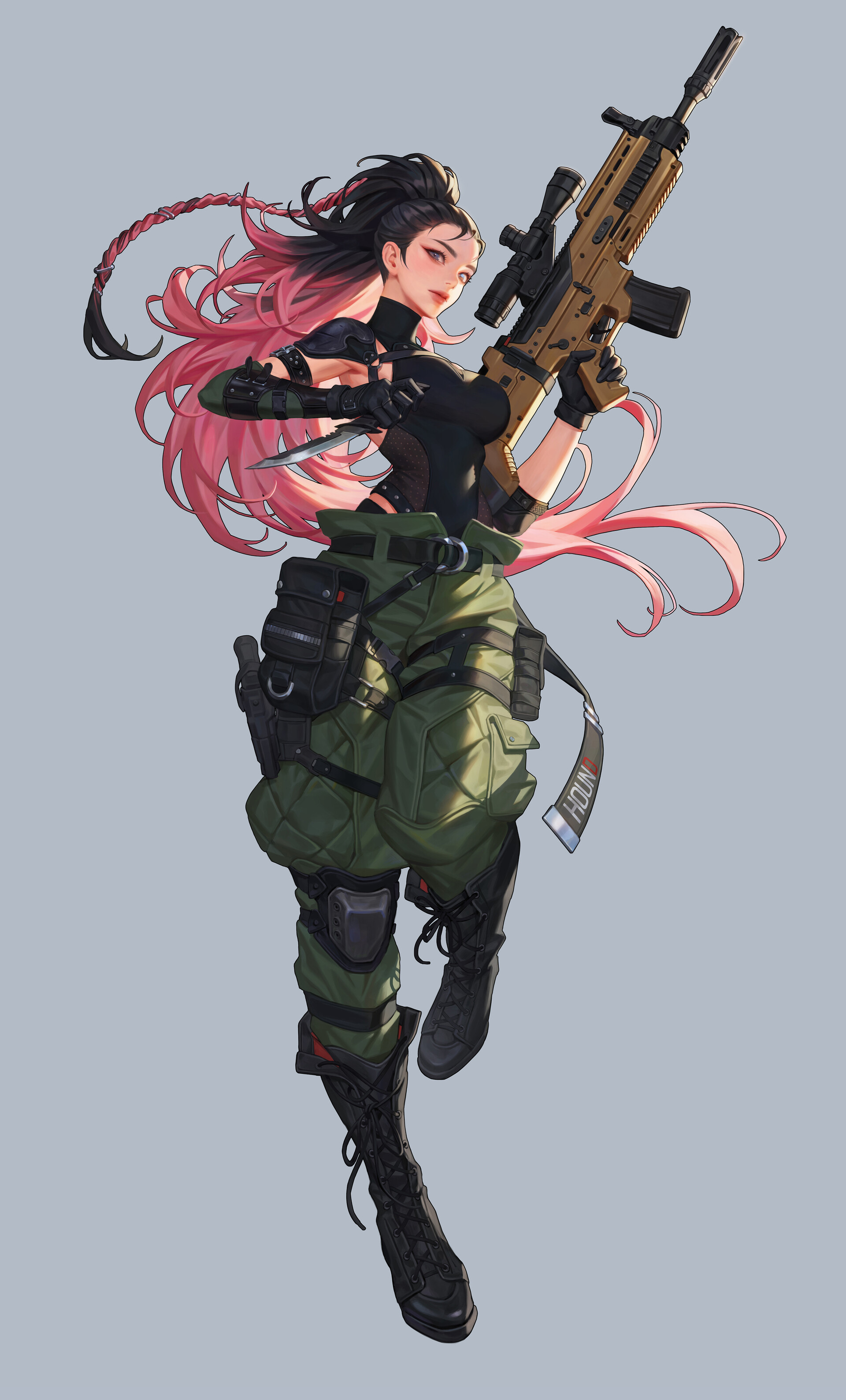Women Artwork Weapon Long Hair Multi Colored Hair Simple Background Knife Women With Weapons Gun 1920x3178