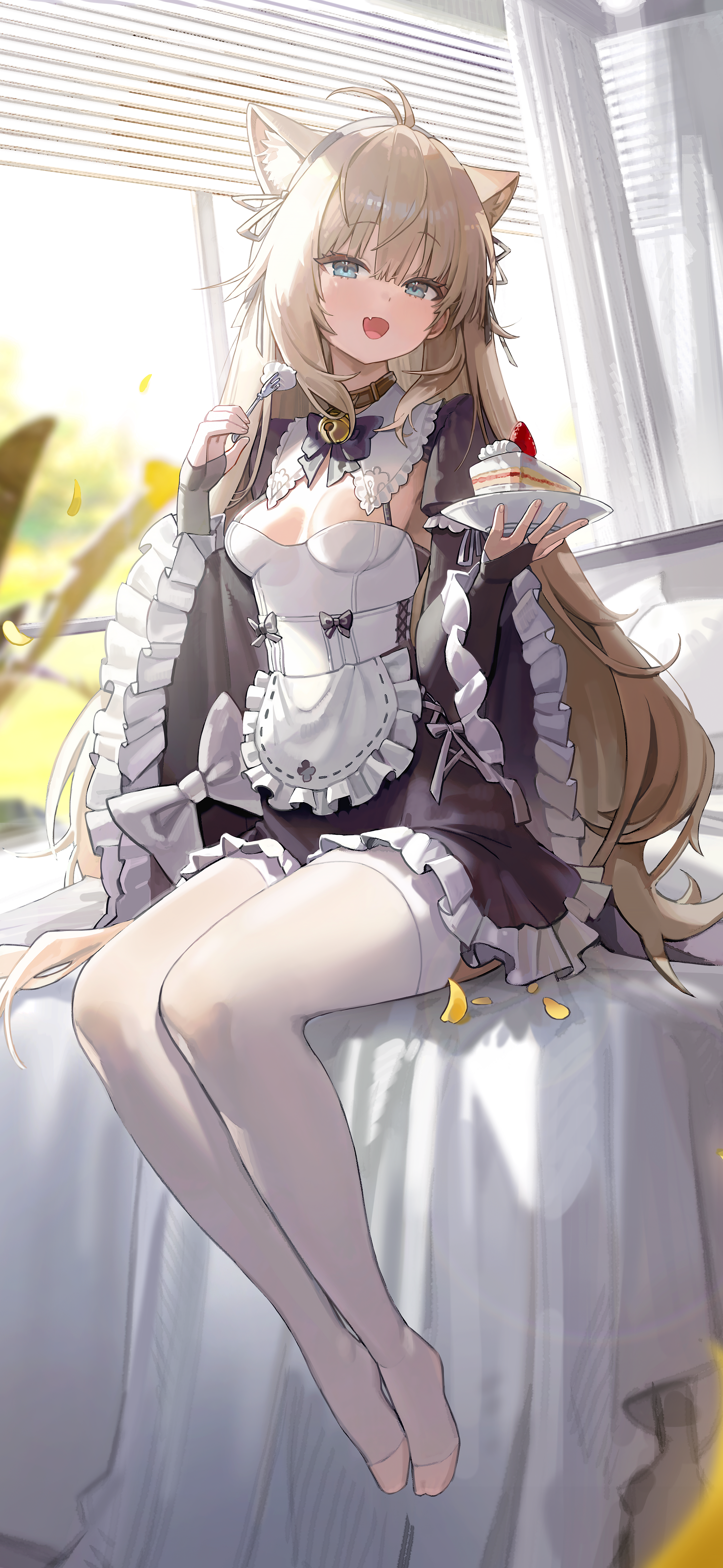 Anime Anime Girls Vertical Maid Maid Outfit Cake Cat Girl Cat Ears Sweets Fork 2880x6240