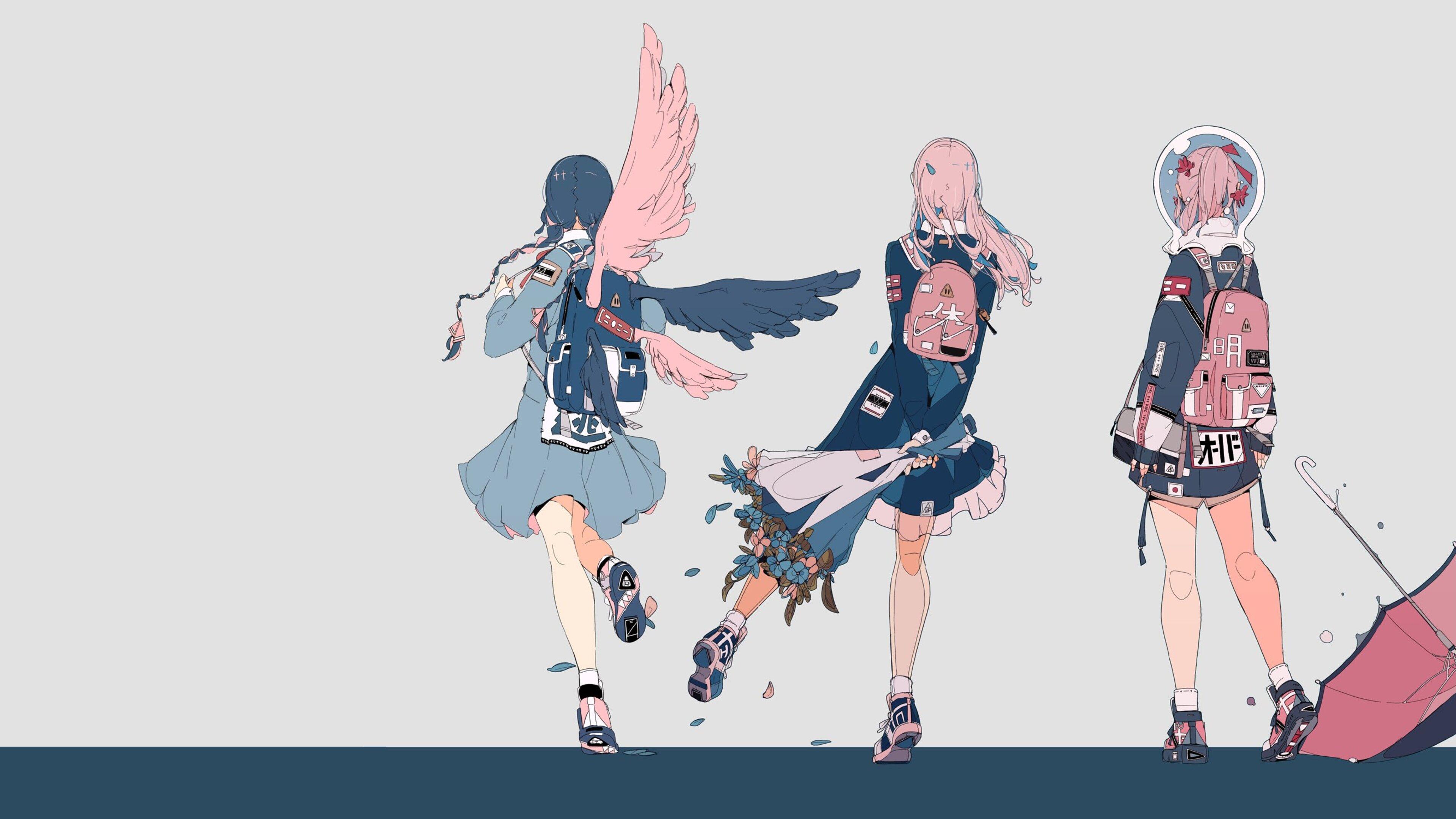 Daisukerichard Anime Girls Original Characters Minimalism Backpacks Umbrella Wings Simple Background 3840x2160
