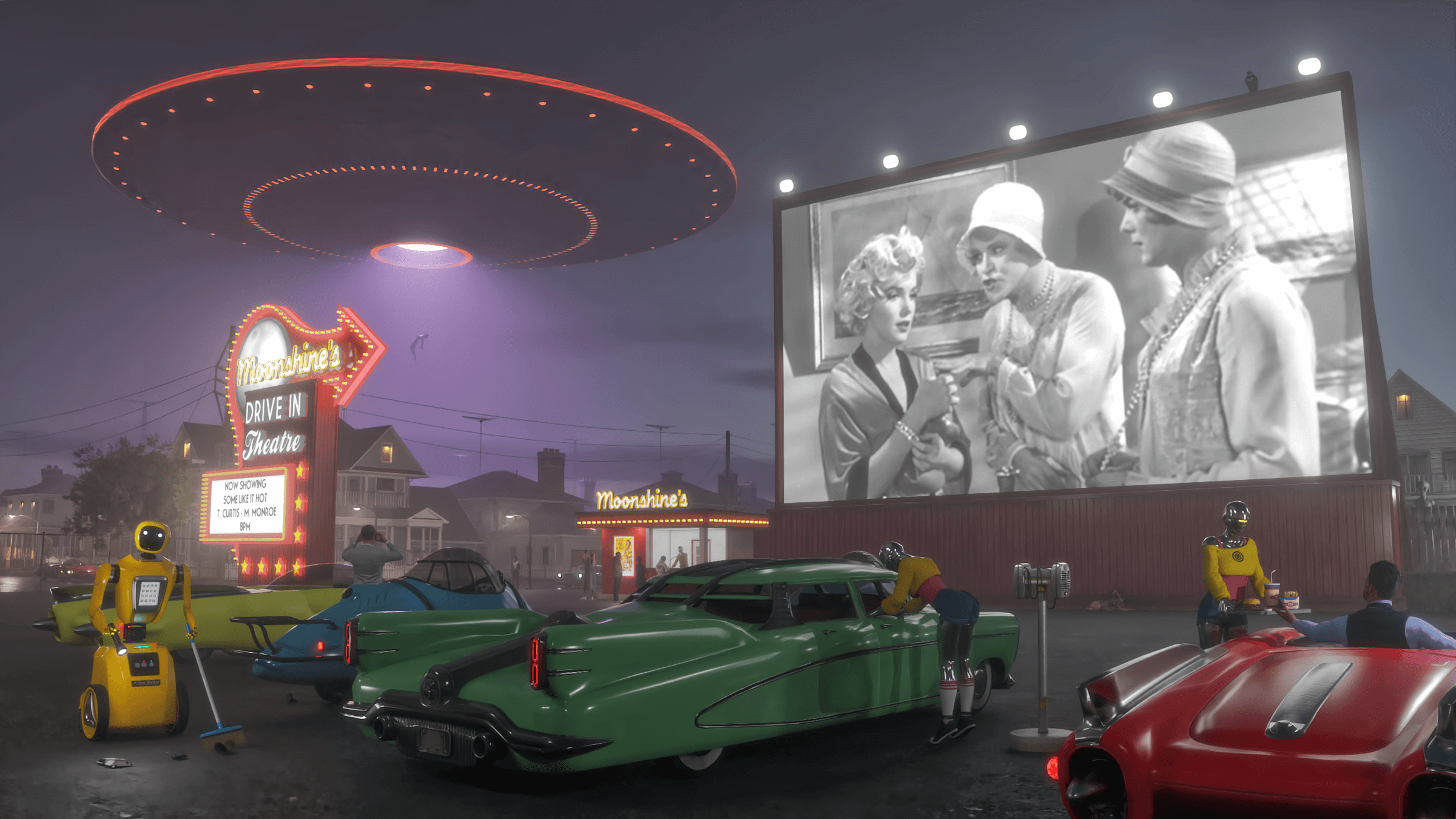 Artwork City Car Robot Flying Saucers Drive In Theater Night Some Like It Hot UFO Movies Marilyn Mon 2400x1350