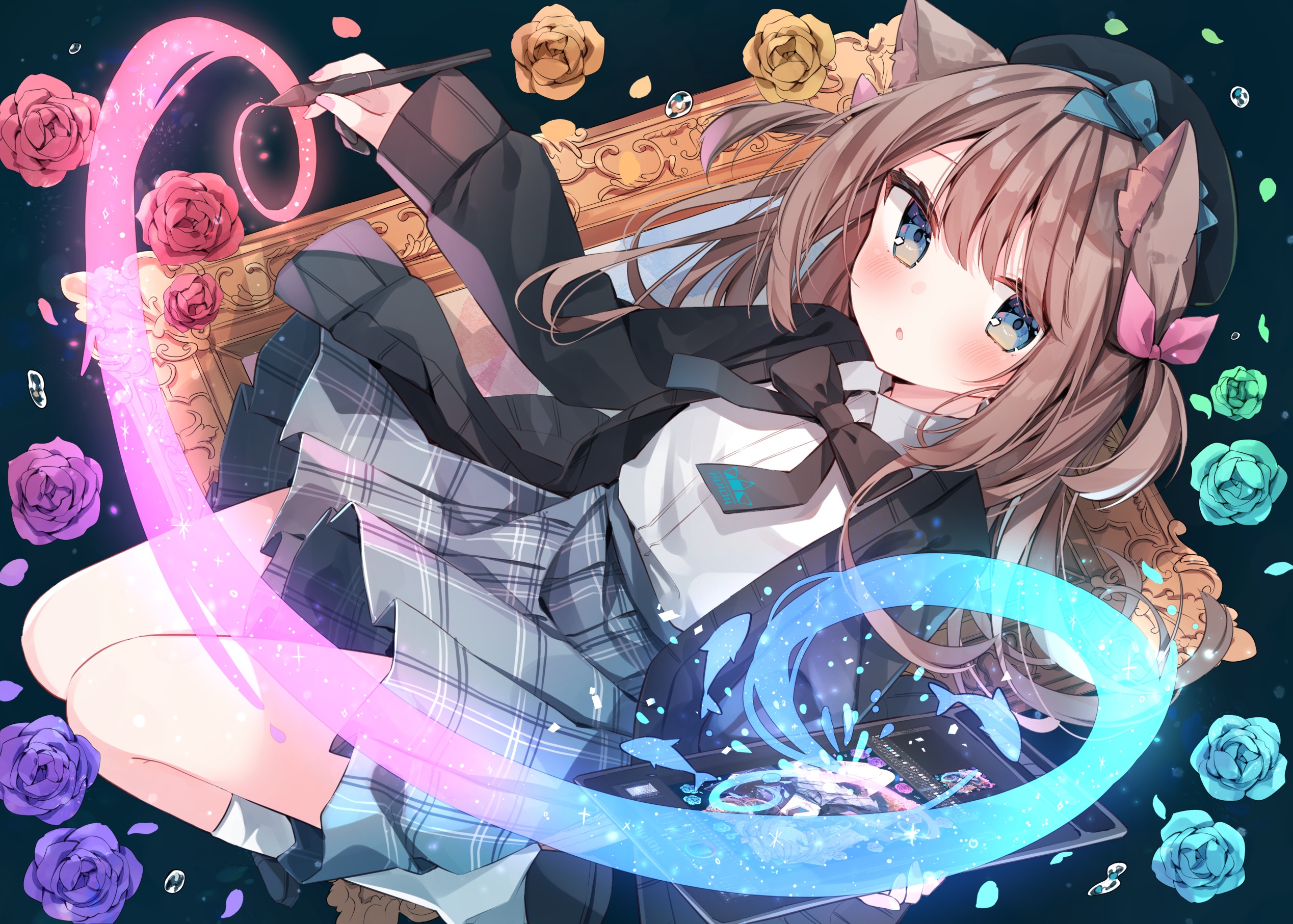 Anime Anime Girls Brunette Blue Eyes Cat Girl Cat Ears Flowers Picture Frames Looking At Viewer Bow  2537x1814
