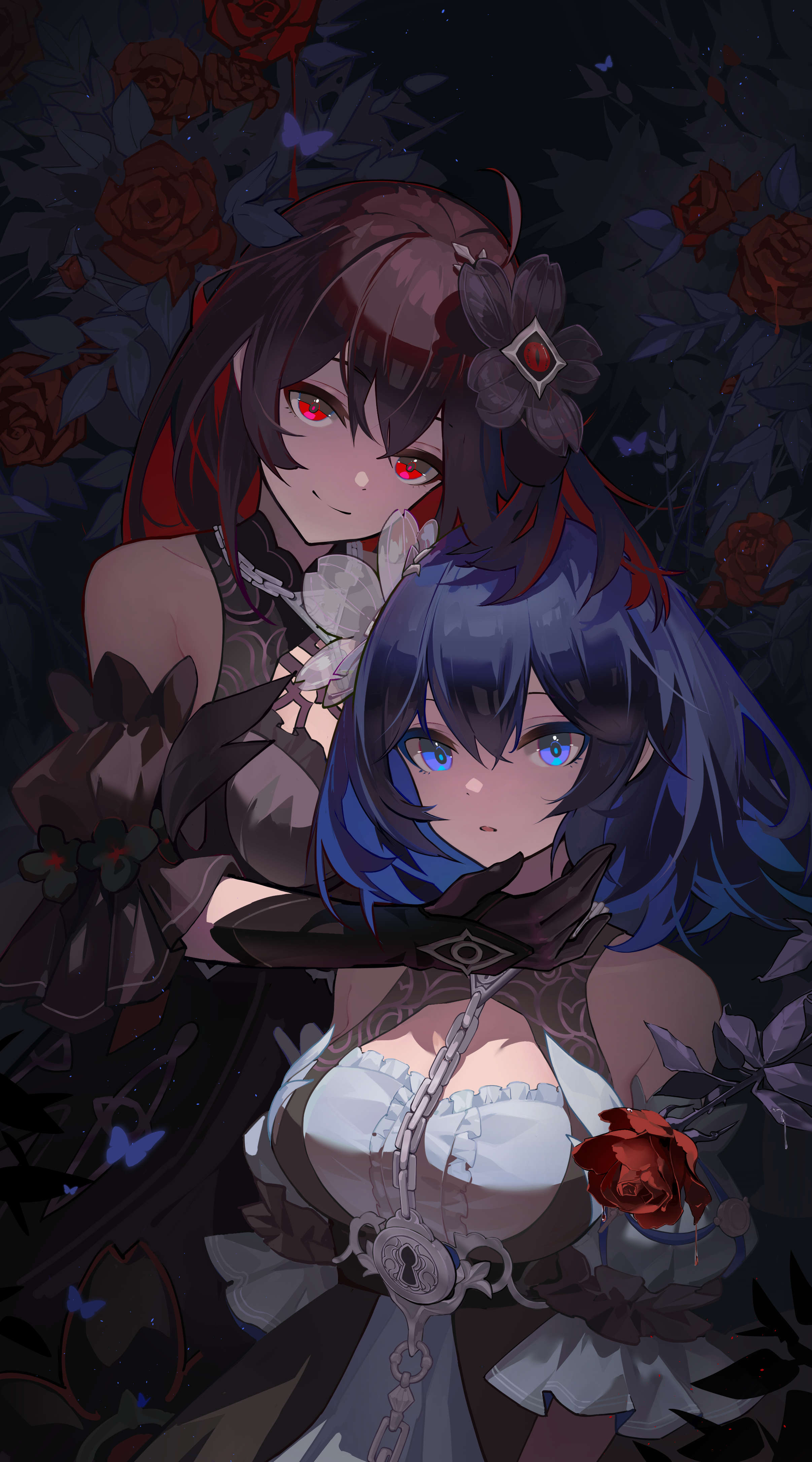 Anime Anime Girls Two Women Flowers Portrait Display Gloves Red Eyes Blue Eyes Looking At Viewer Smi 2412x4343