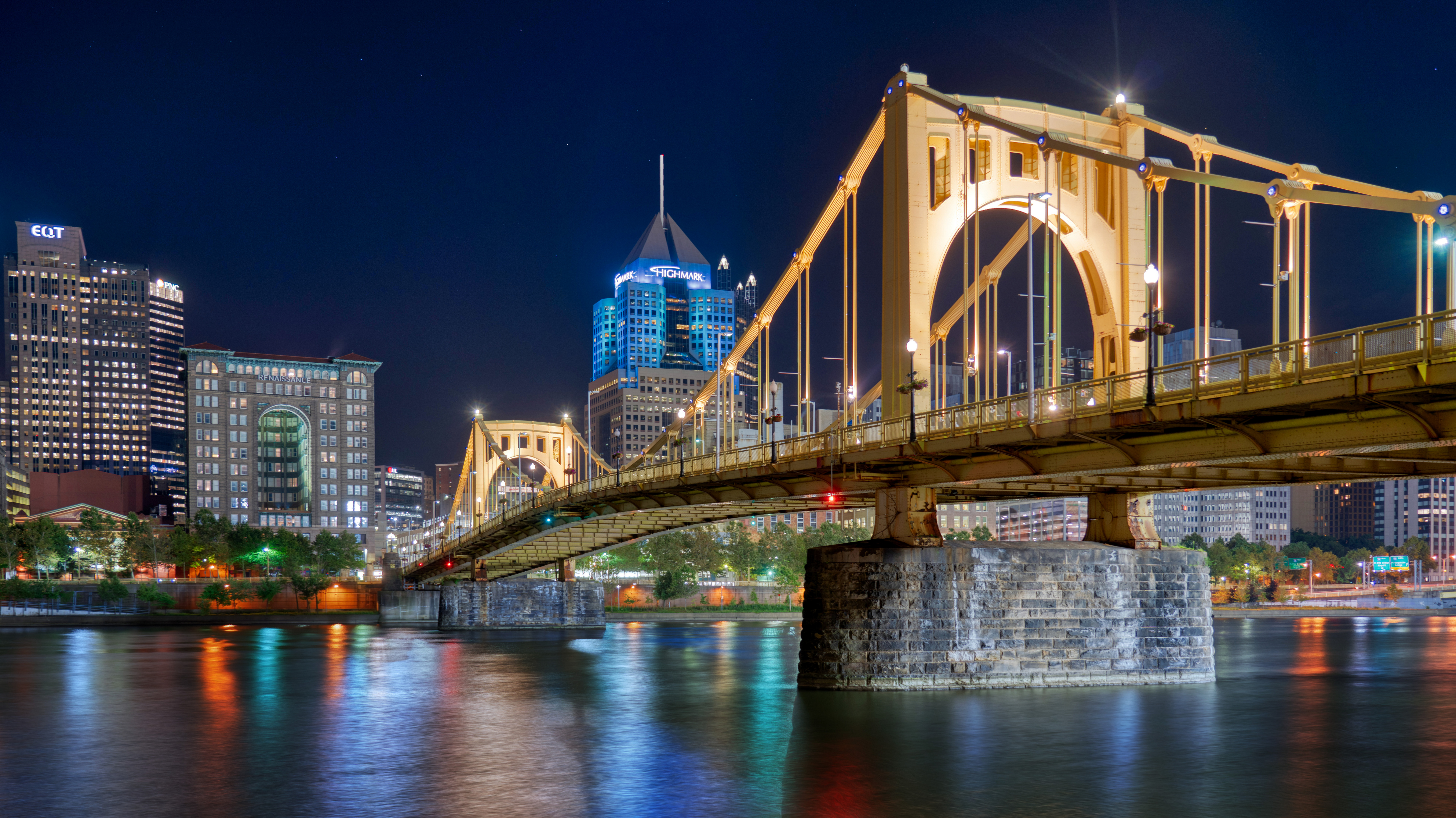 Photography Trey Ratcliff Cityscape Night Lights Bridge Building Pittsburgh Water 7680x4320