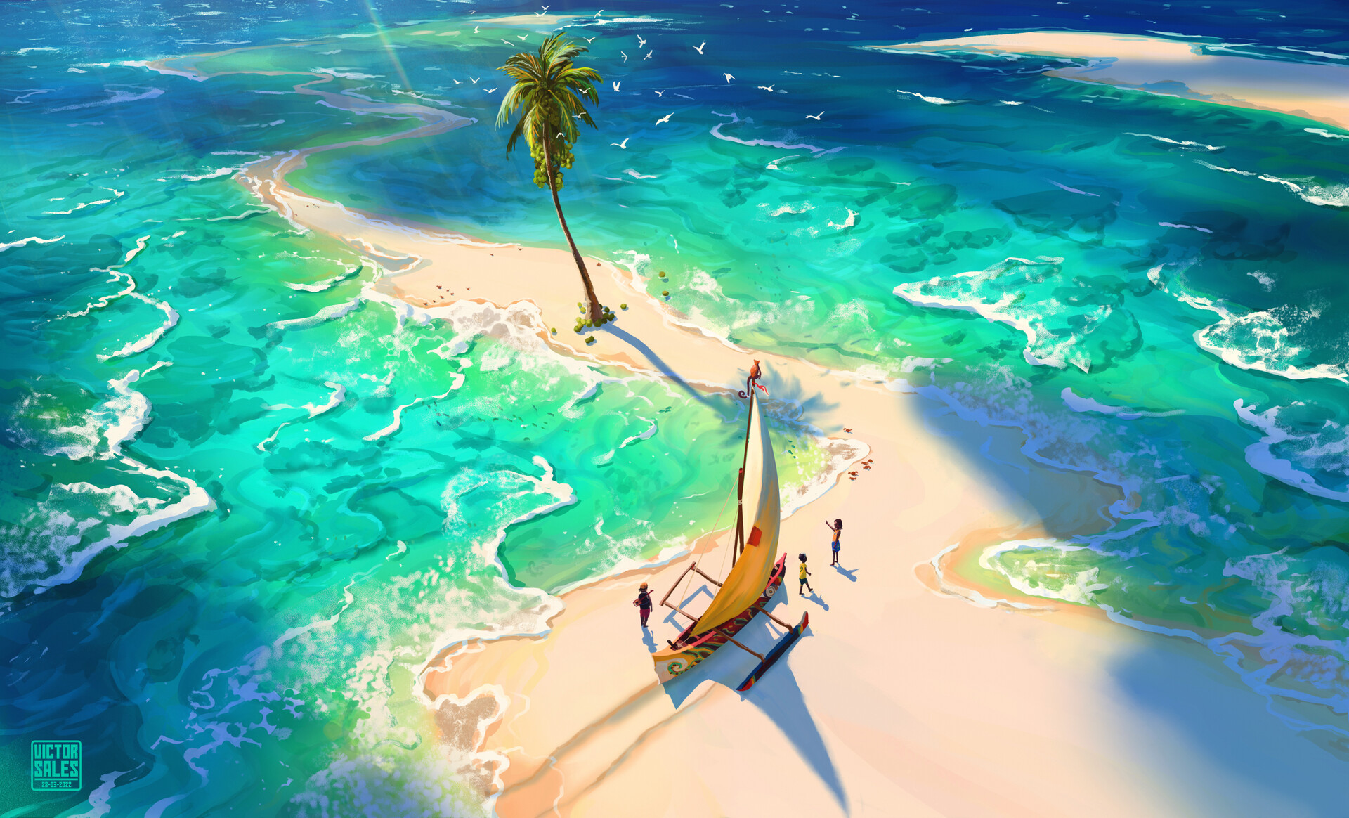 Victor Sales Digital Art Fantasy Art Water ArtStation High Angle Palm Trees Beach Birds Sea Sailing  1920x1164