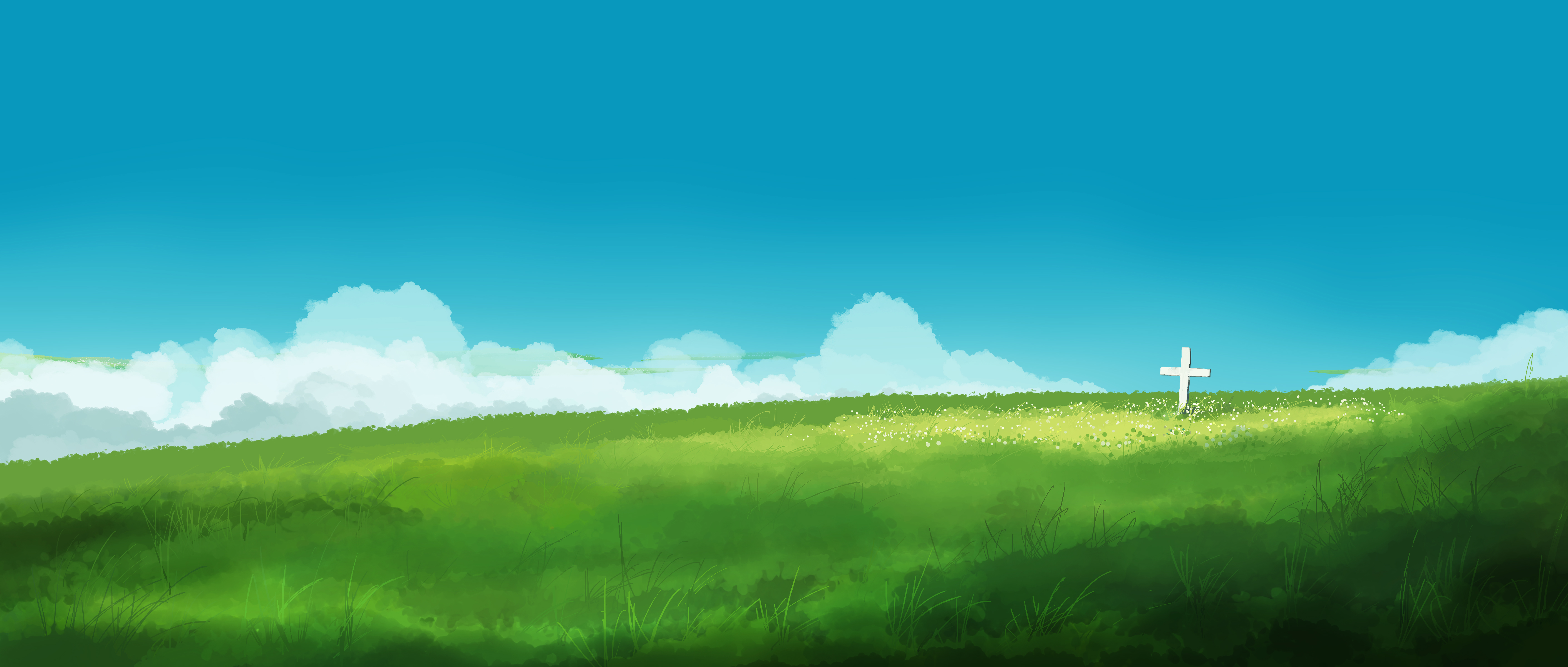 Anime Anime Sky Artwork Clouds Gracile Grass Field Cross Nature  Christianity Sky Wallpaper - Resolution:5640x2400 - ID:1357995 