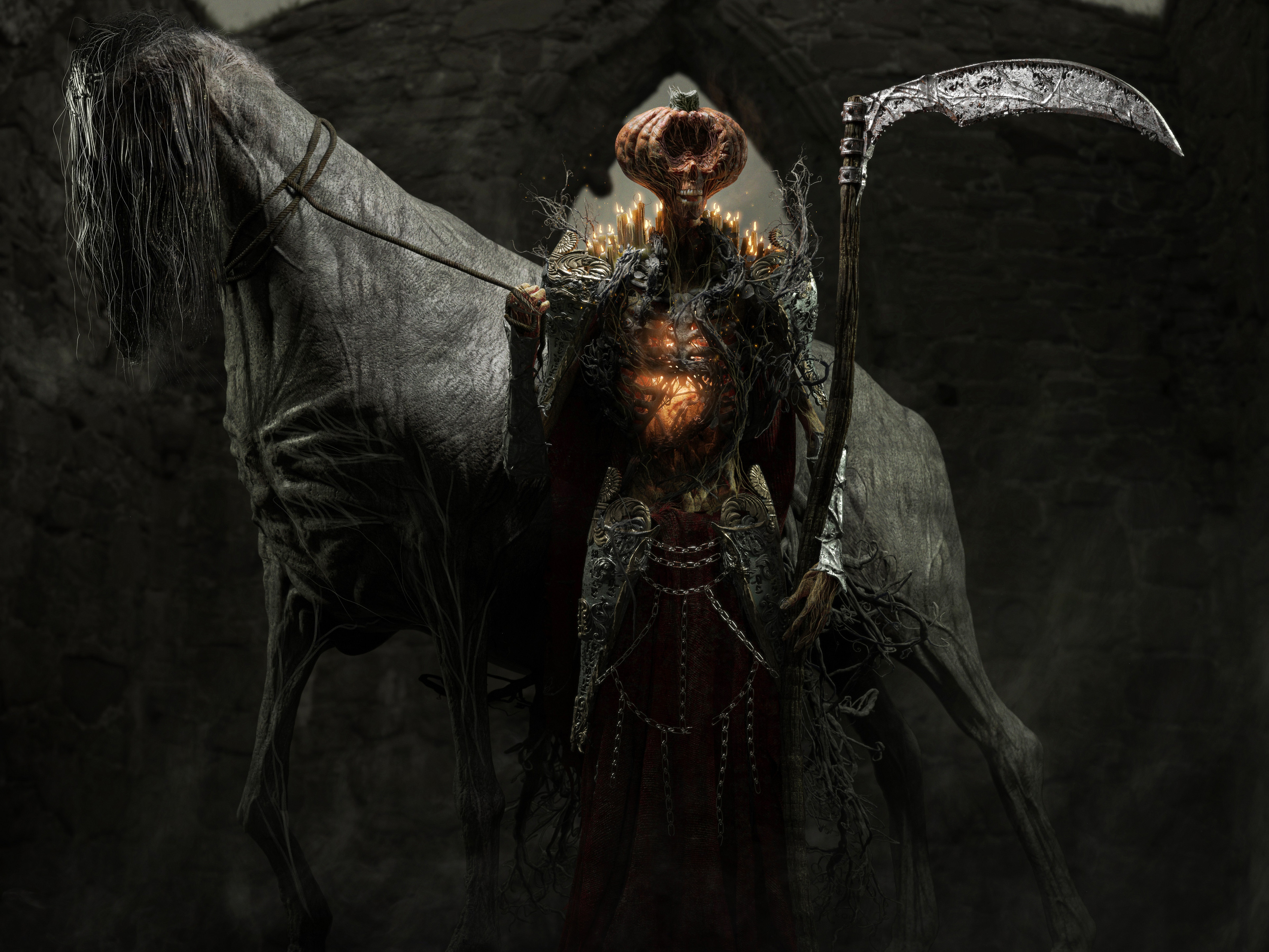 Artwork Digital Art Dark Fantasy Fantasy Art Horror Creature Horse Scythe 3840x2882