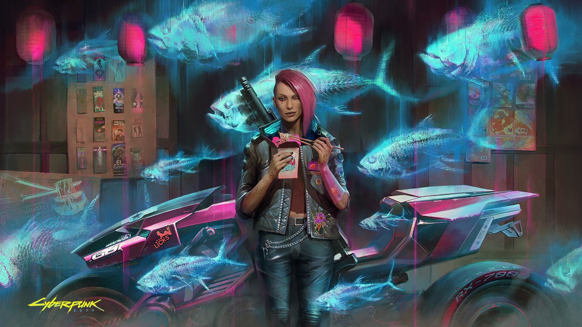 Attitude One Eye Closed Wink Noodles Food Cyberpunk 2077 Video Games Motorcycle Video Game Art Chops 1920x1080