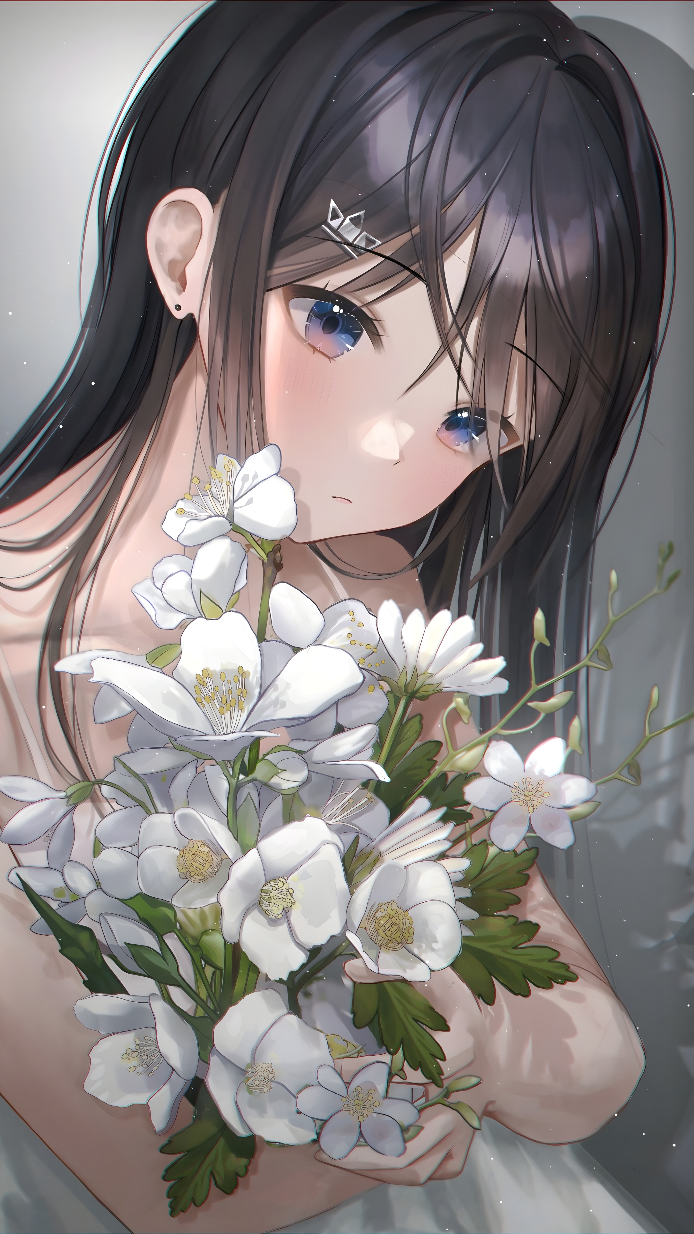 Anime Anime Girls Myowa Artwork Dark Hair Blue Eyes Flowers 2250x4000