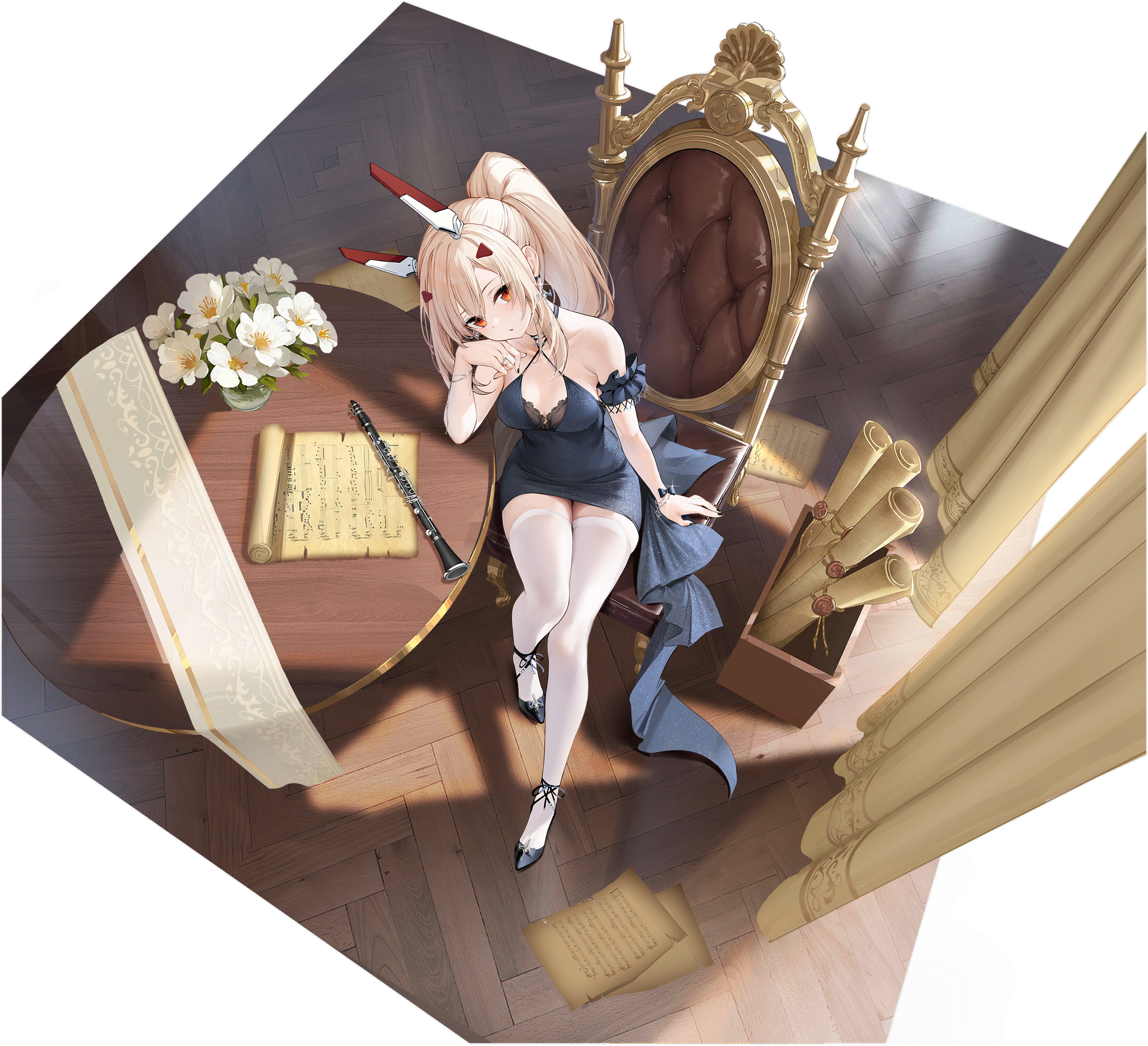 Azur Lane Anime Girls Dress Sitting Chair Looking At Viewer Ponytail Musical Instrument Blonde Red E 2048x1866