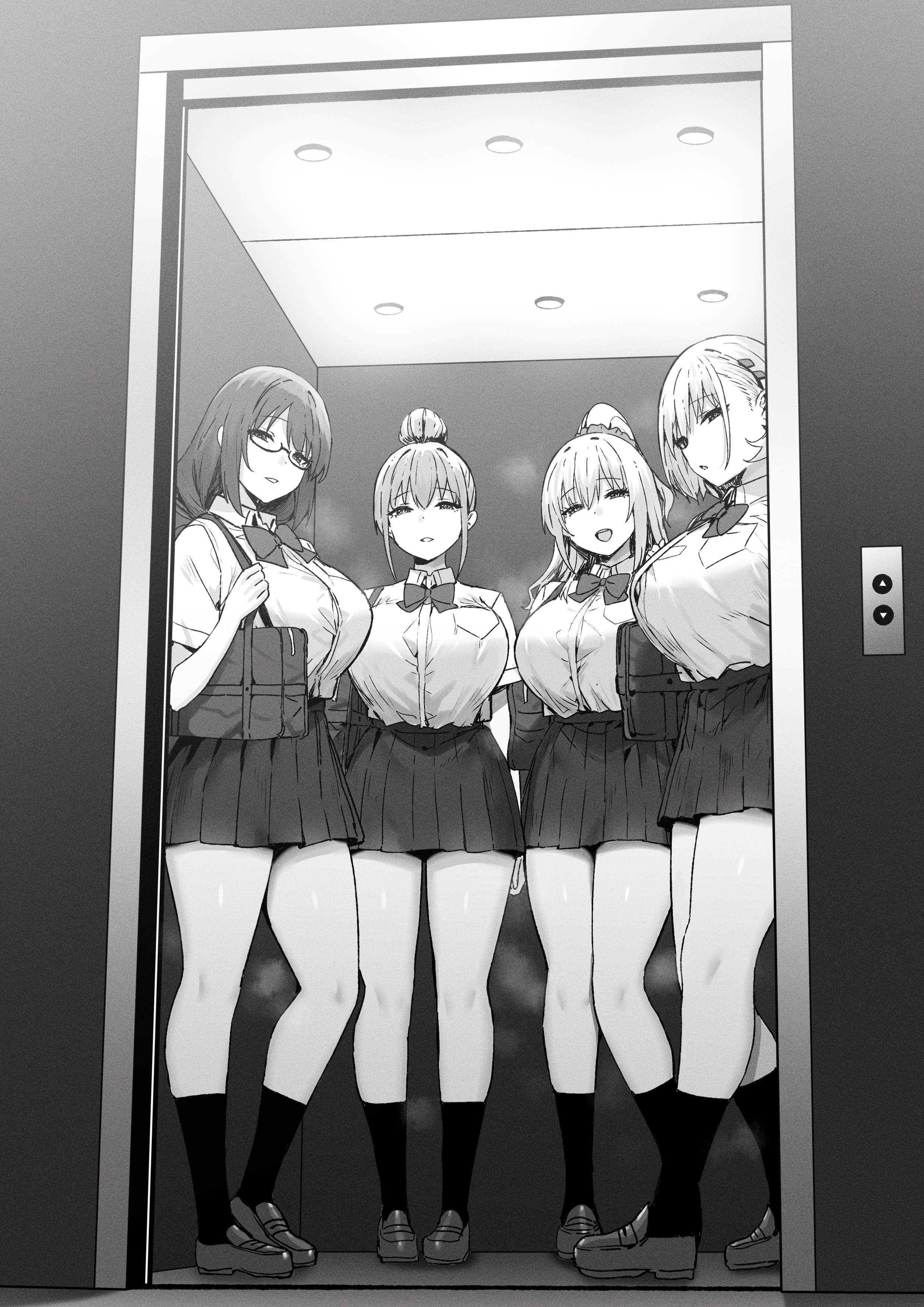 Anime Anime Girls Schoolgirl School Uniform Monochrome Elevator 2480x3507