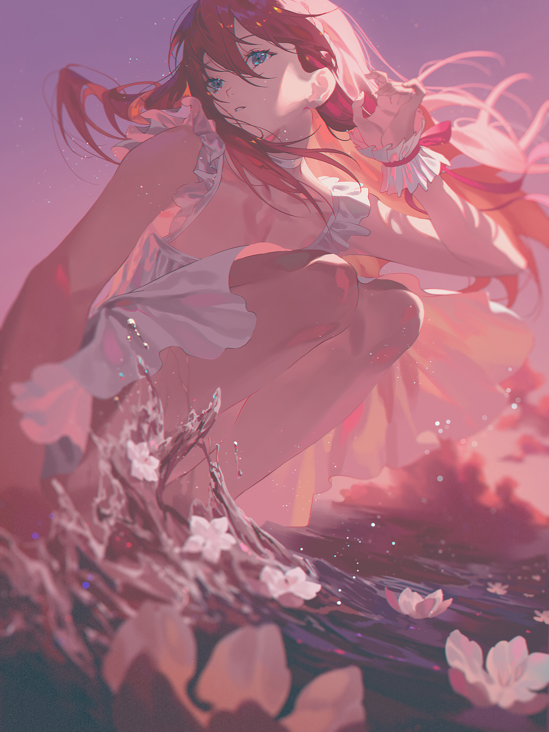 Fajyobore Original Characters Anime Girls Vertical Water Flowers Long Hair 1125x1500