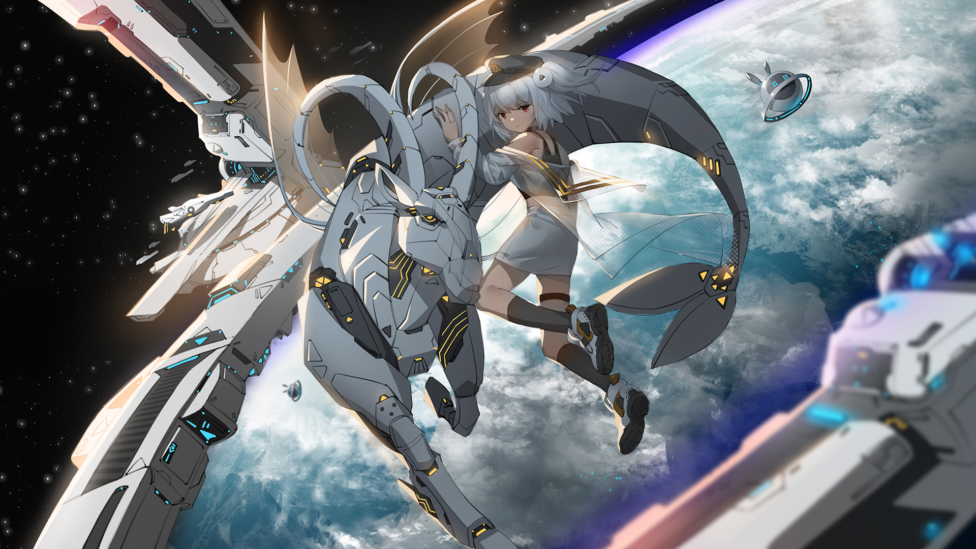 Anime Anime Girls Space Technology Animals Stars Floating Planet Looking At Viewer Hat Short Hair Wh 1920x1080